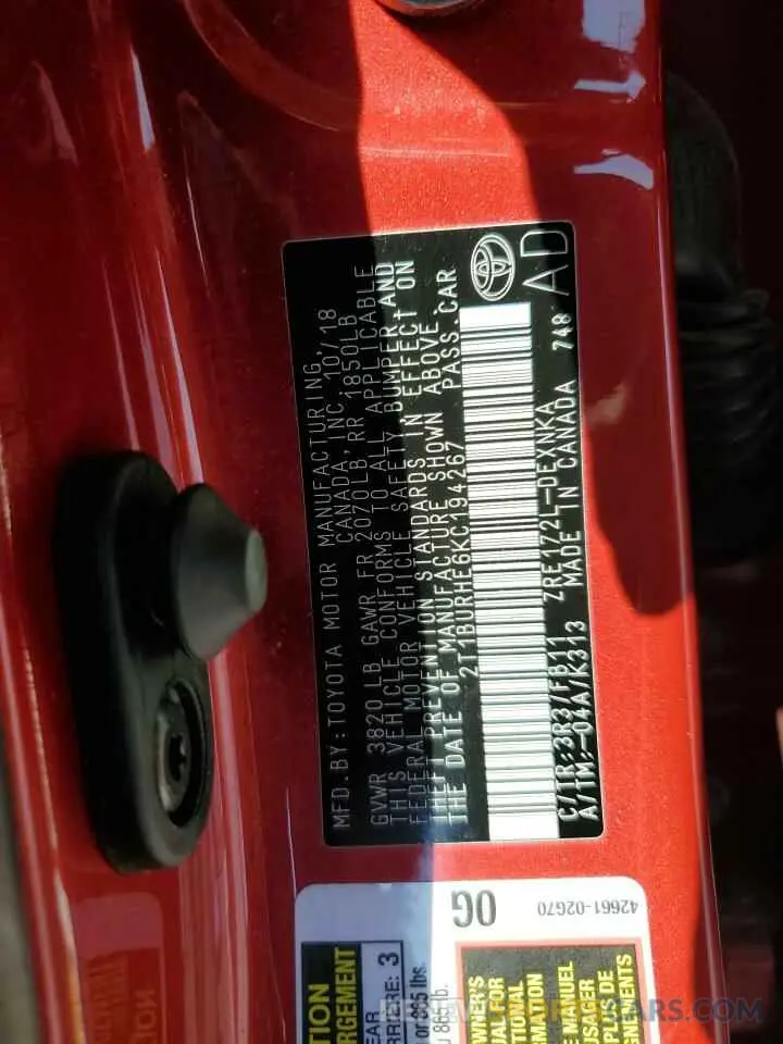 12 fotografías del automóvil dañado 2T1BURHE6KC194267 TOYOTA COROLLA 2019