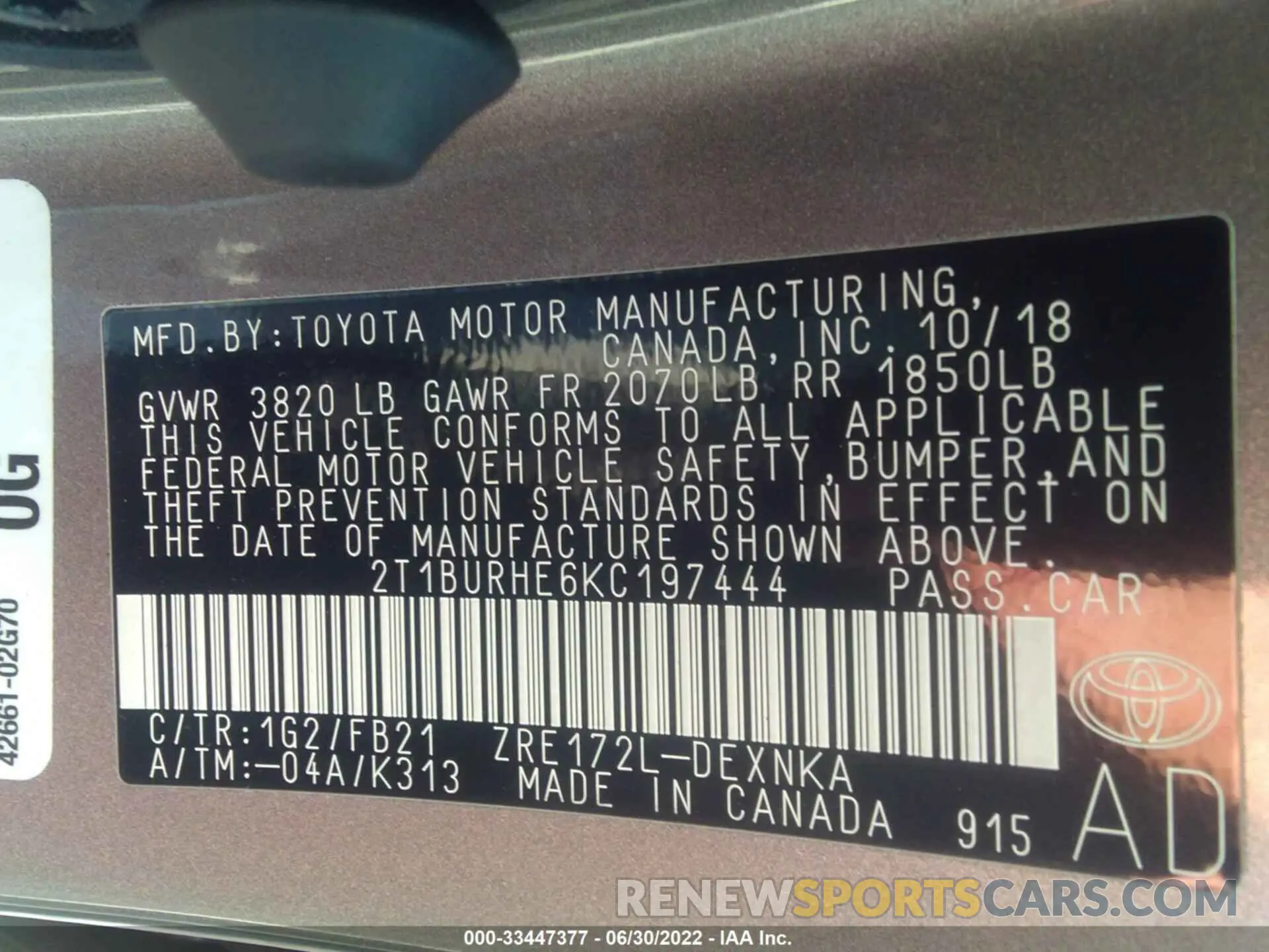 9 fotografías del automóvil dañado 2T1BURHE6KC197444 TOYOTA COROLLA 2019