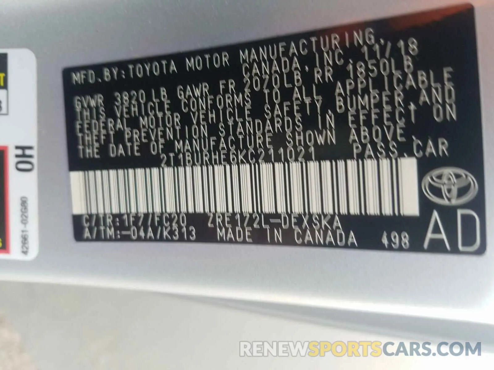 10 fotografías del automóvil dañado 2T1BURHE6KC211021 TOYOTA COROLLA 2019