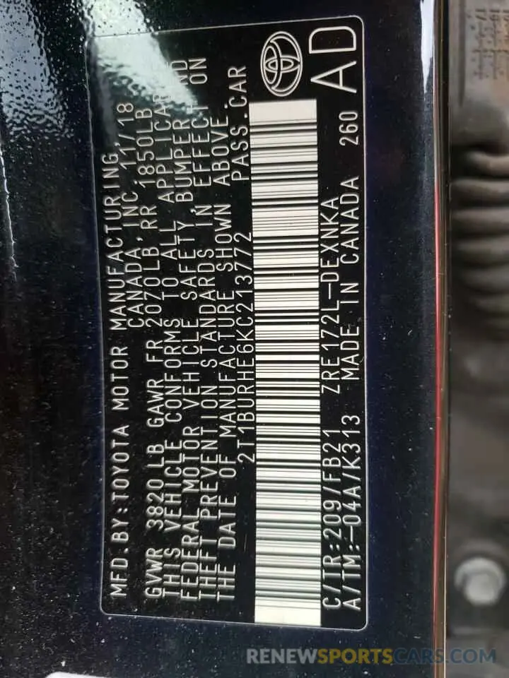 10 fotografías del automóvil dañado 2T1BURHE6KC213772 TOYOTA COROLLA 2019