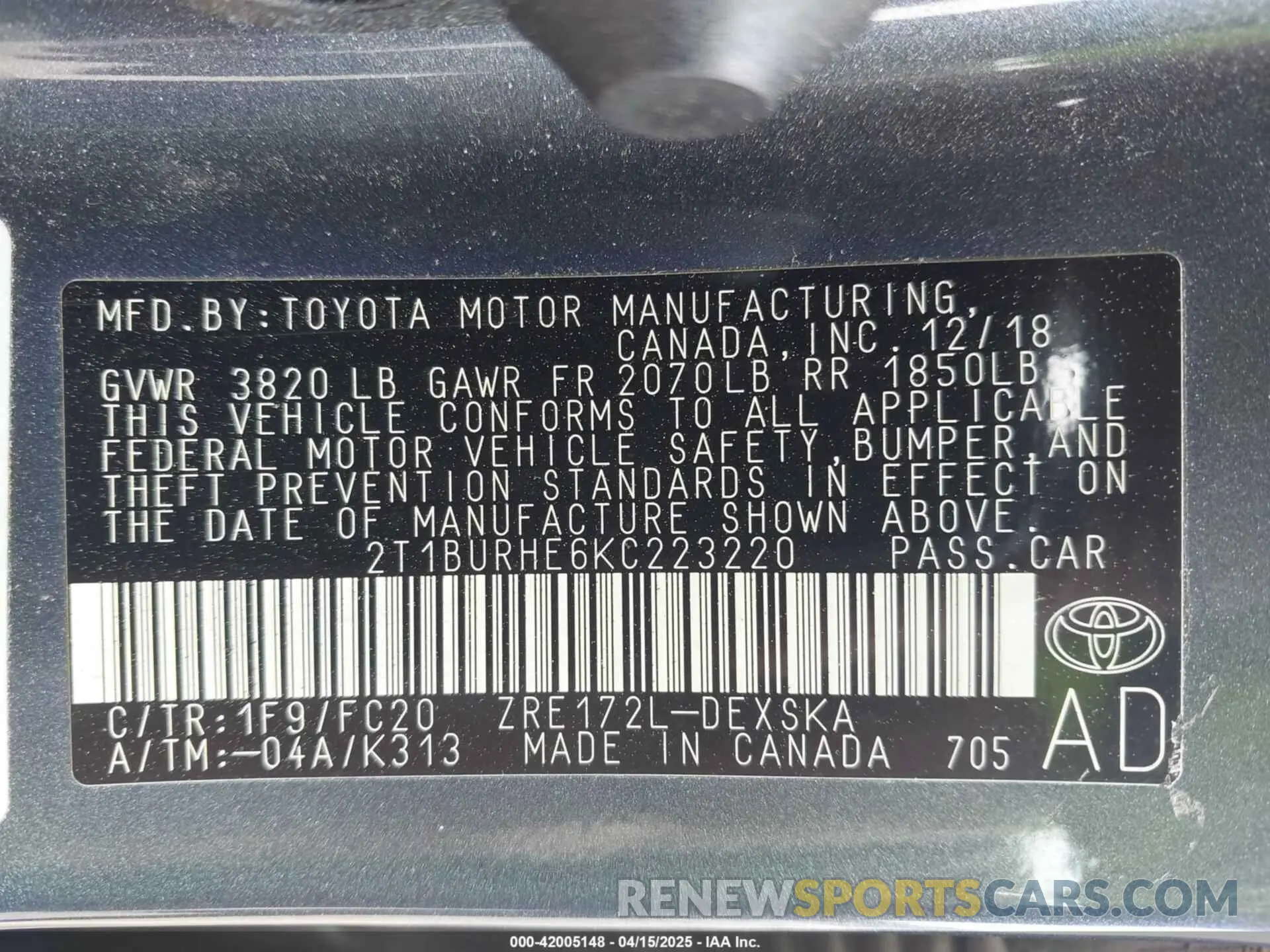 9 fotografías del automóvil dañado 2T1BURHE6KC223220 TOYOTA COROLLA 2019