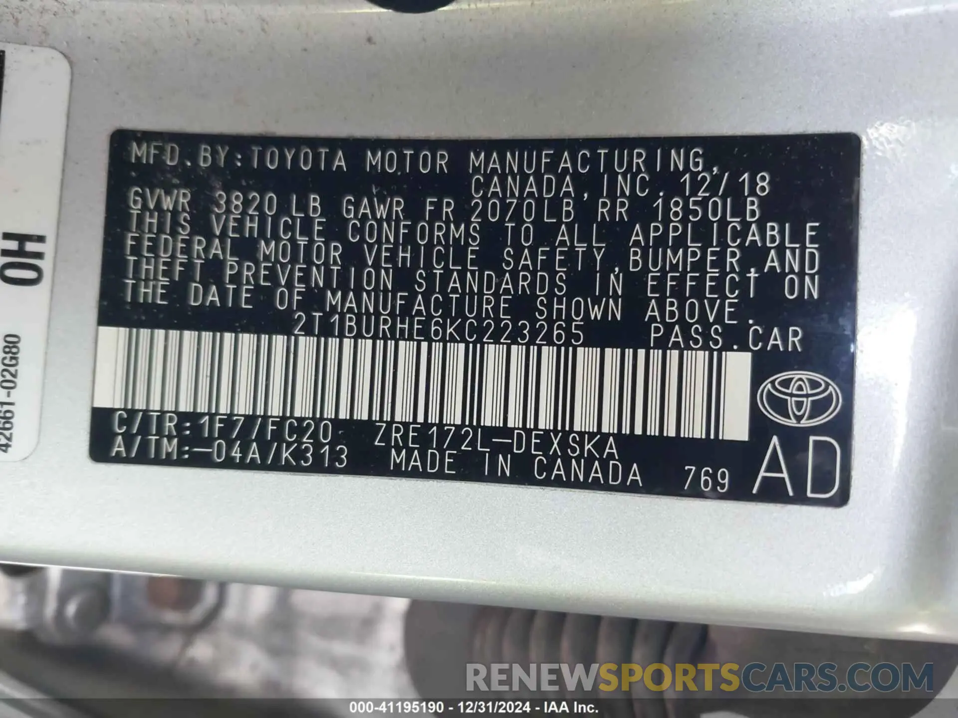 9 fotografías del automóvil dañado 2T1BURHE6KC223265 TOYOTA COROLLA 2019