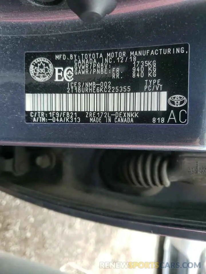 10 fotografías del automóvil dañado 2T1BURHE6KC225355 TOYOTA COROLLA 2019