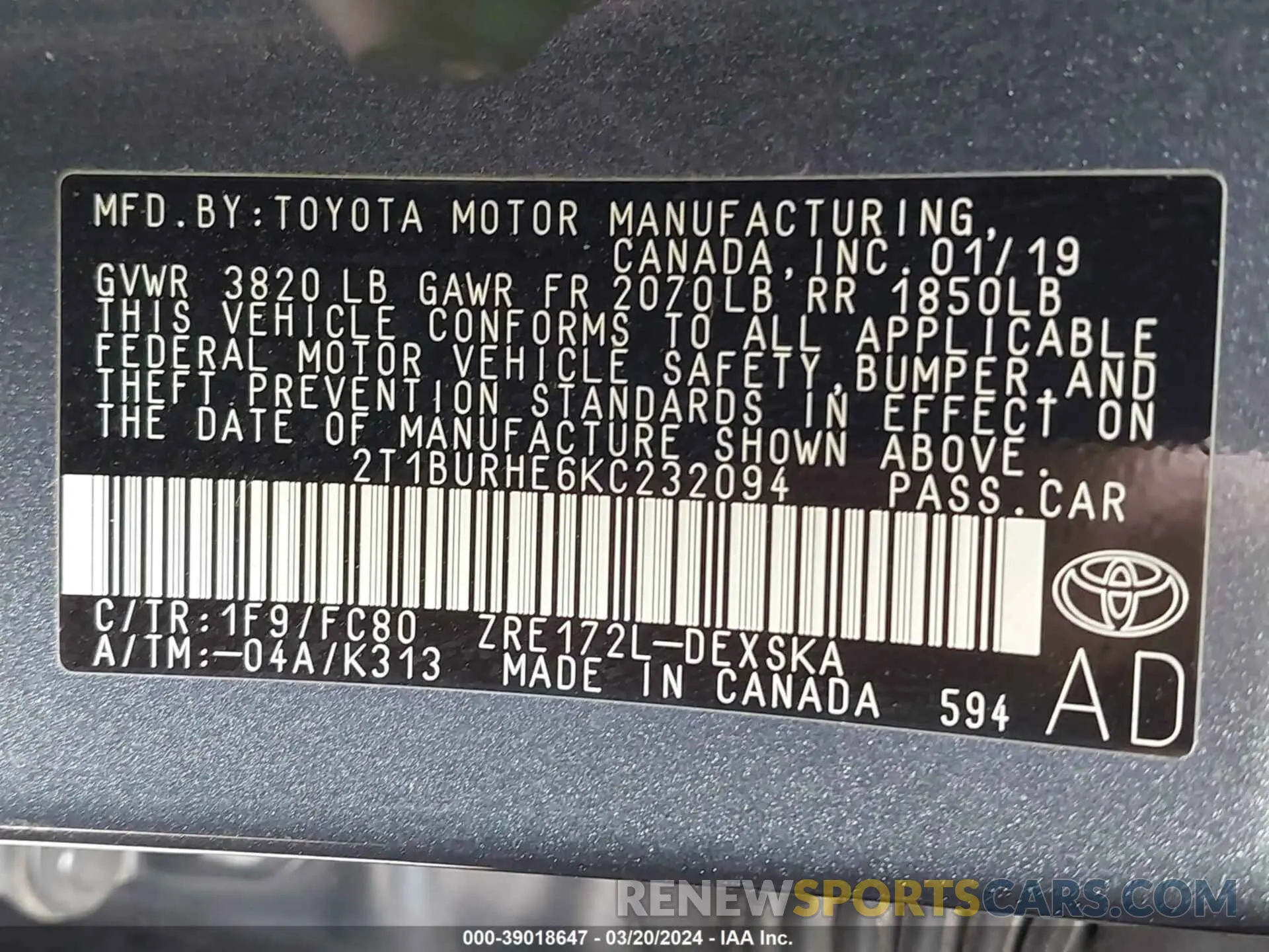 9 fotografías del automóvil dañado 2T1BURHE6KC232094 TOYOTA COROLLA 2019