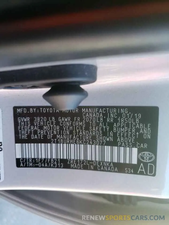 10 fotografías del automóvil dañado 2T1BURHE6KC243077 TOYOTA COROLLA 2019