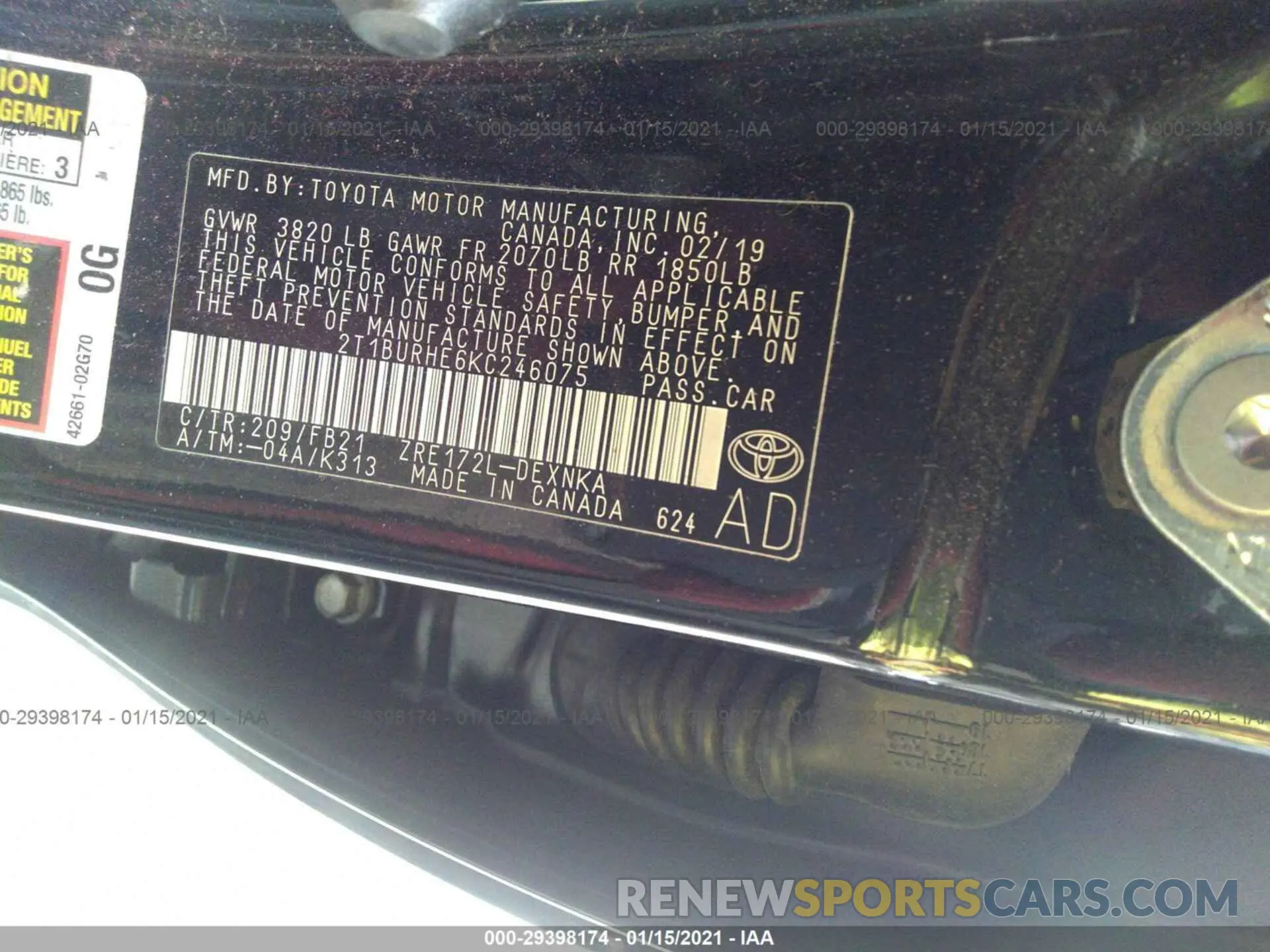 9 fotografías del automóvil dañado 2T1BURHE6KC246075 TOYOTA COROLLA 2019