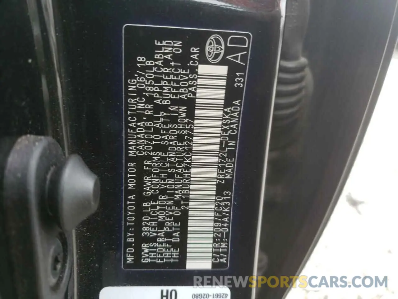 10 fotografías del automóvil dañado 2T1BURHE7KC127757 TOYOTA COROLLA 2019