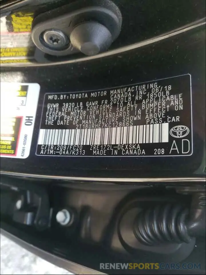 10 fotografías del automóvil dañado 2T1BURHE7KC128665 TOYOTA COROLLA 2019