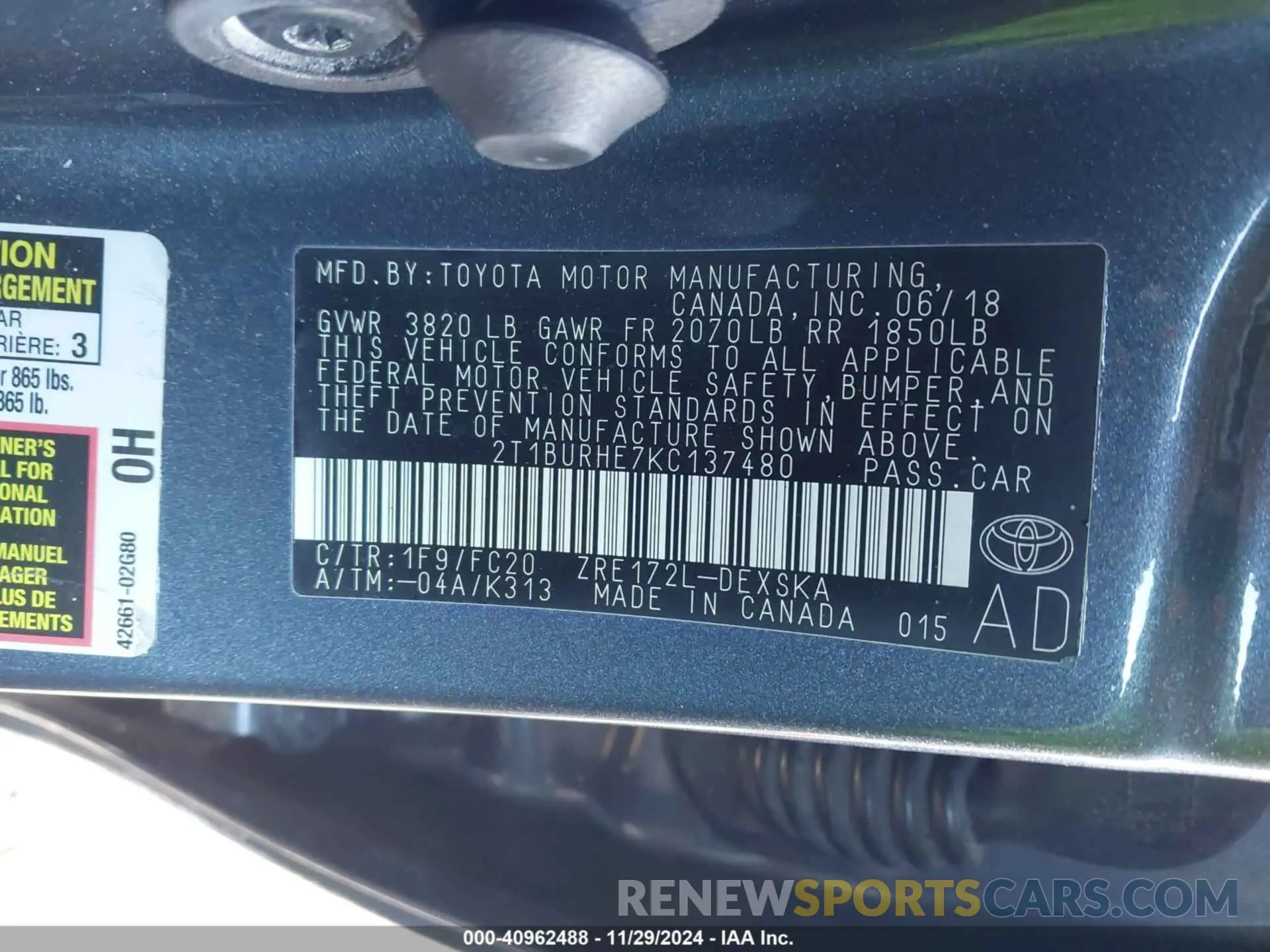 9 fotografías del automóvil dañado 2T1BURHE7KC137480 TOYOTA COROLLA 2019