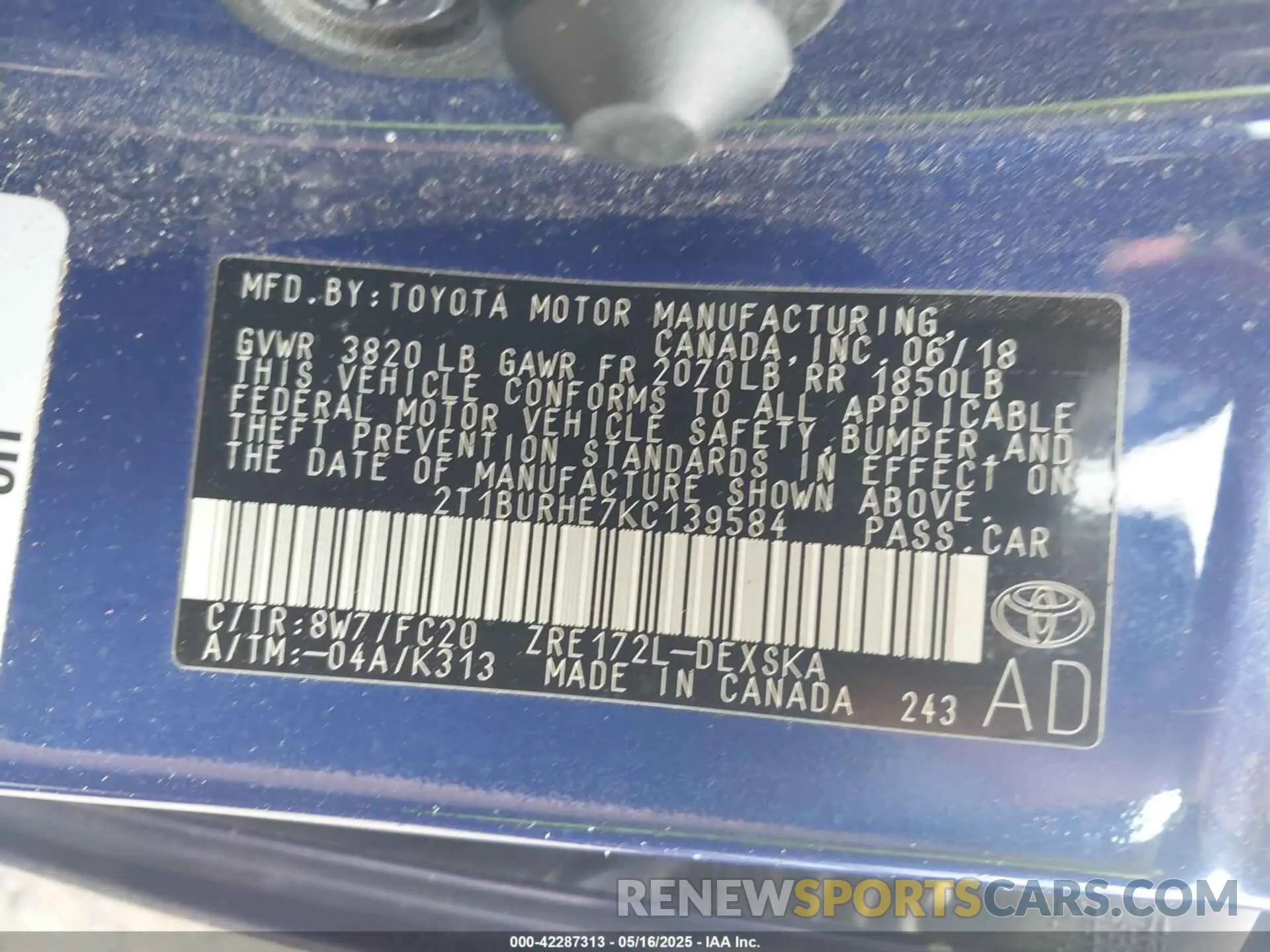 9 fotografías del automóvil dañado 2T1BURHE7KC139584 TOYOTA COROLLA 2019