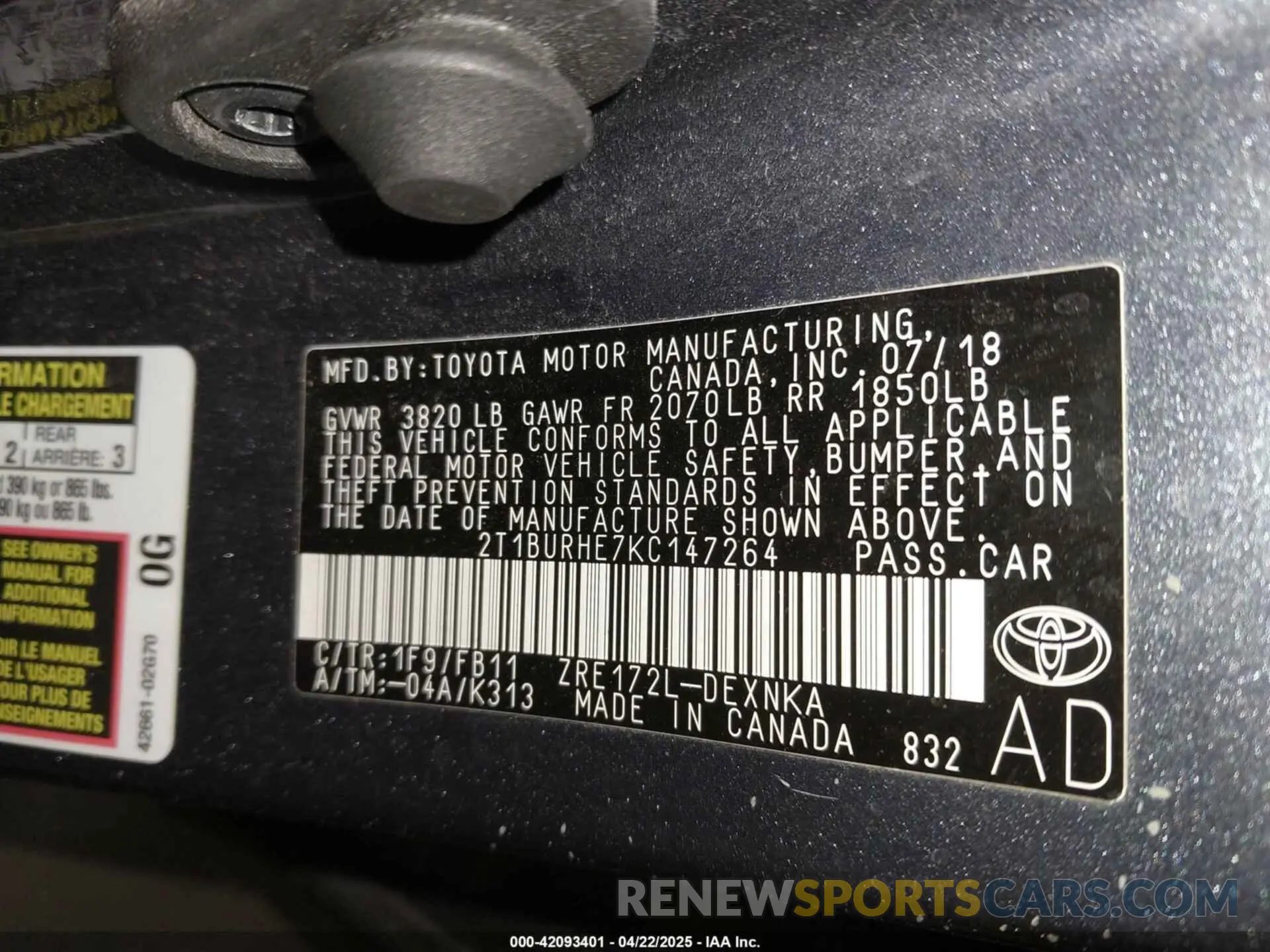 9 fotografías del automóvil dañado 2T1BURHE7KC147264 TOYOTA COROLLA 2019