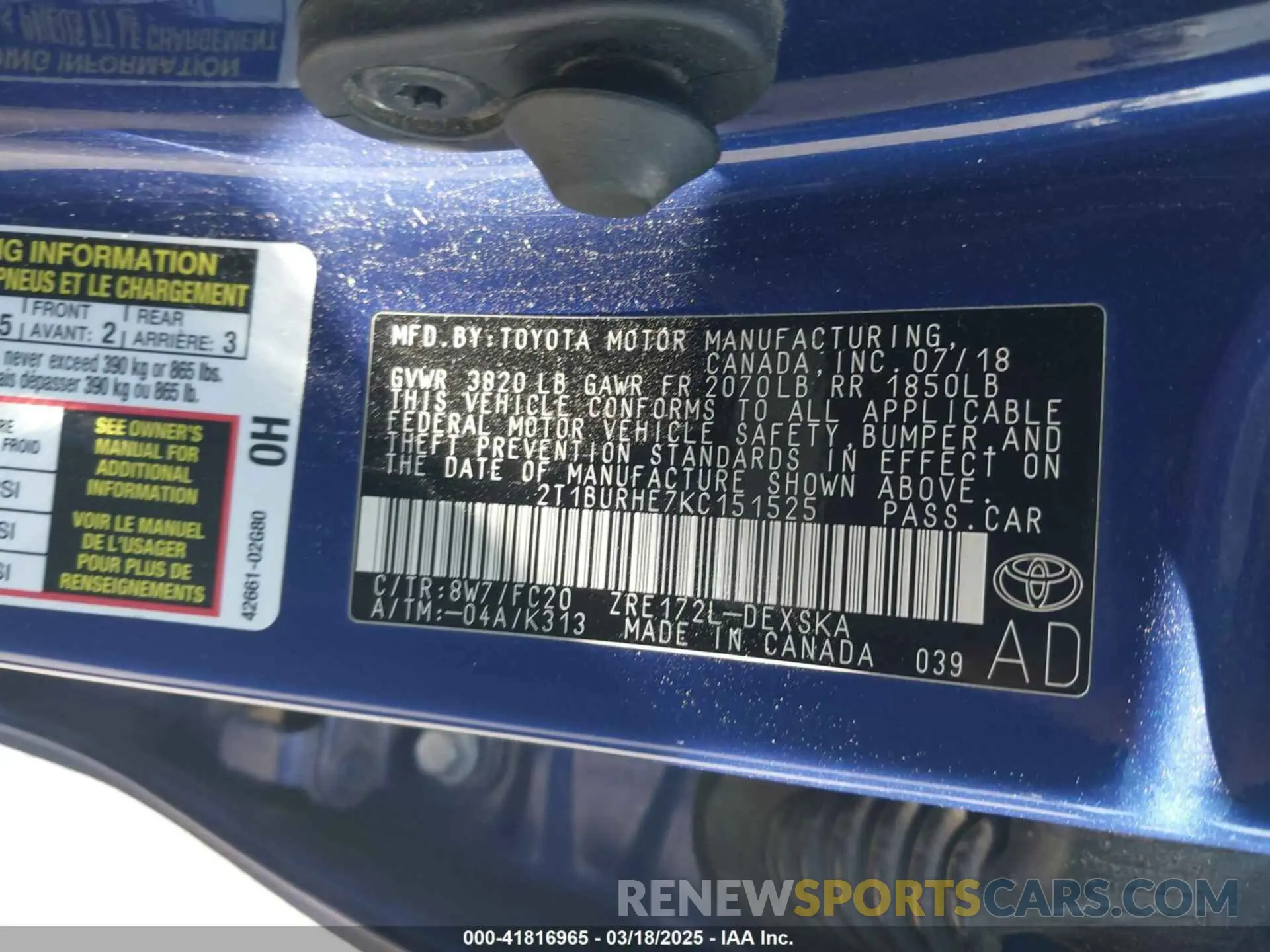 9 fotografías del automóvil dañado 2T1BURHE7KC151525 TOYOTA COROLLA 2019