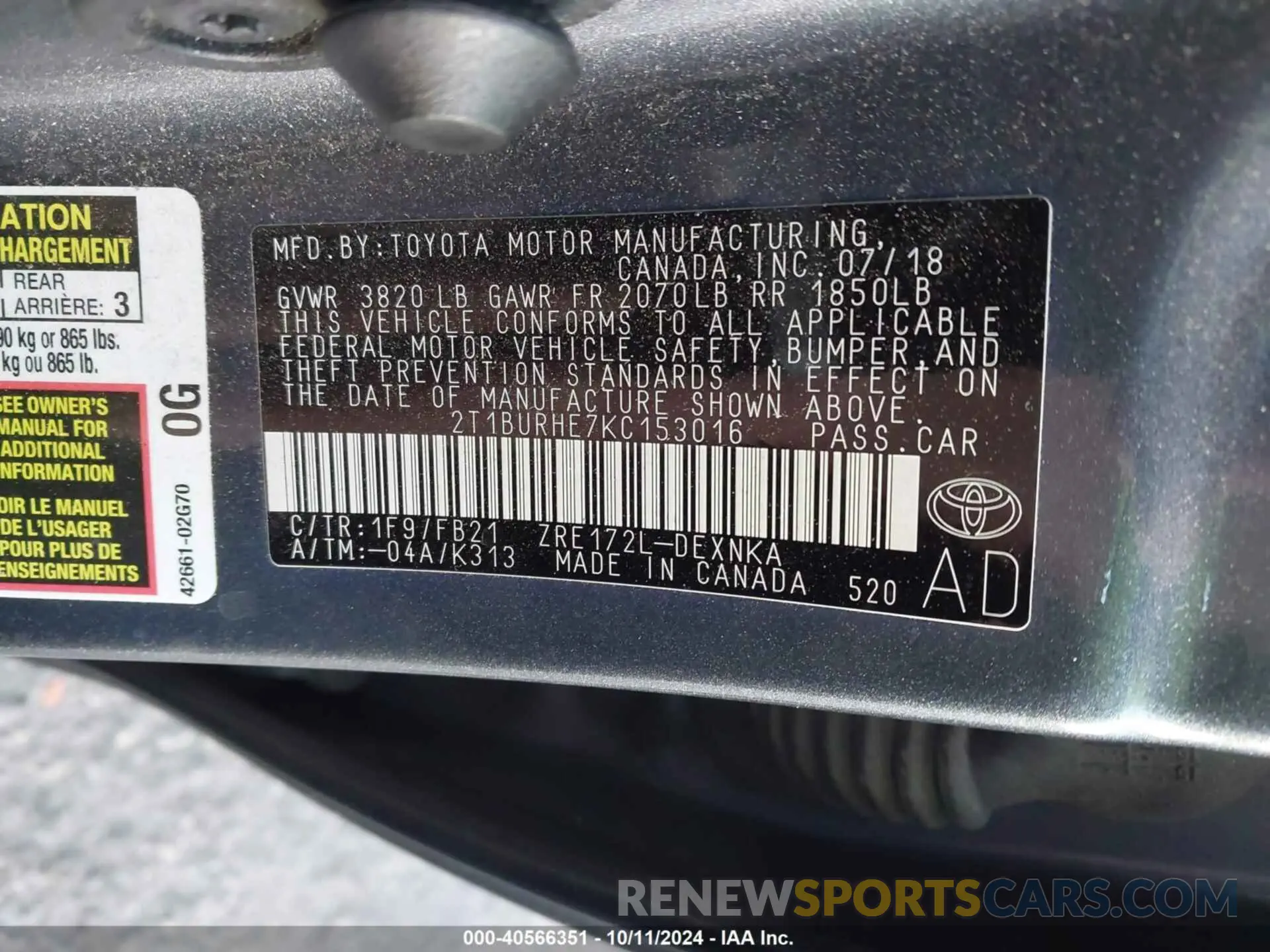 9 fotografías del automóvil dañado 2T1BURHE7KC153016 TOYOTA COROLLA 2019