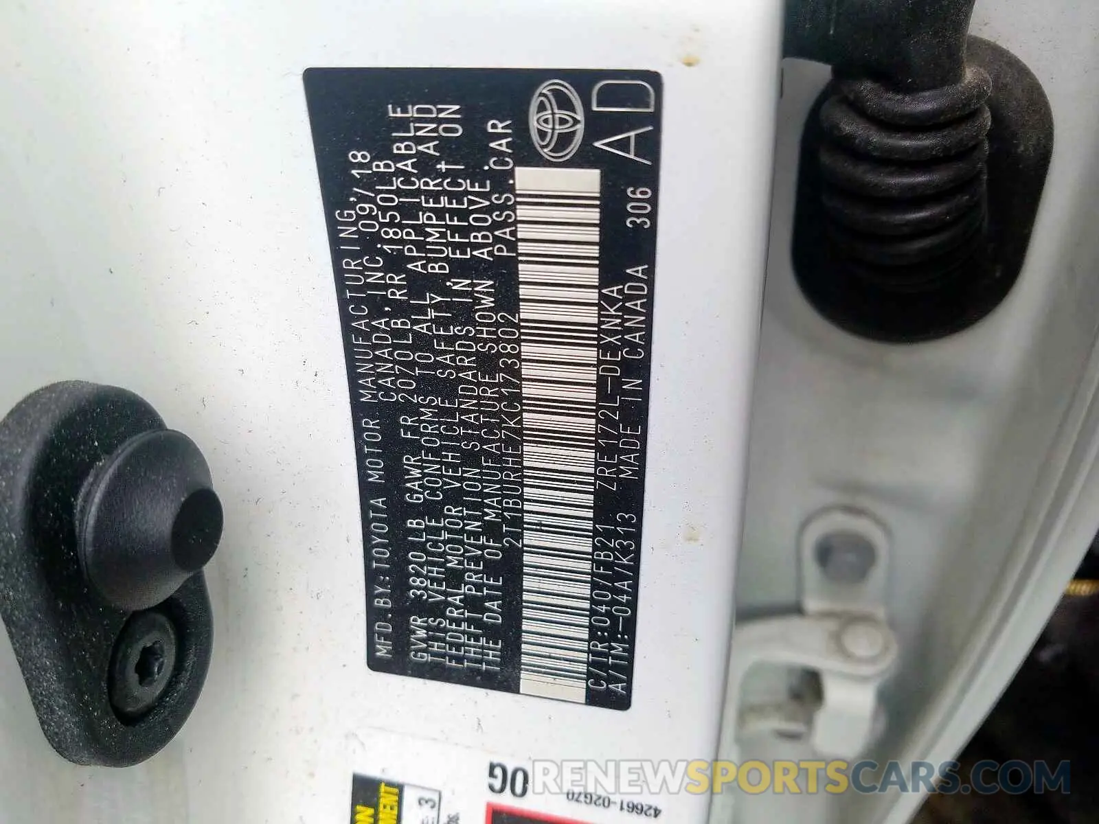 10 fotografías del automóvil dañado 2T1BURHE7KC173802 TOYOTA COROLLA 2019