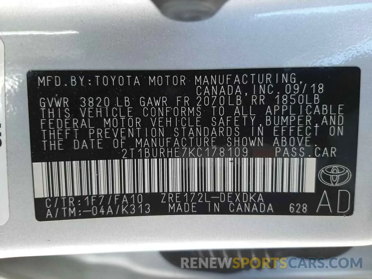 10 fotografías del automóvil dañado 2T1BURHE7KC178109 TOYOTA COROLLA 2019