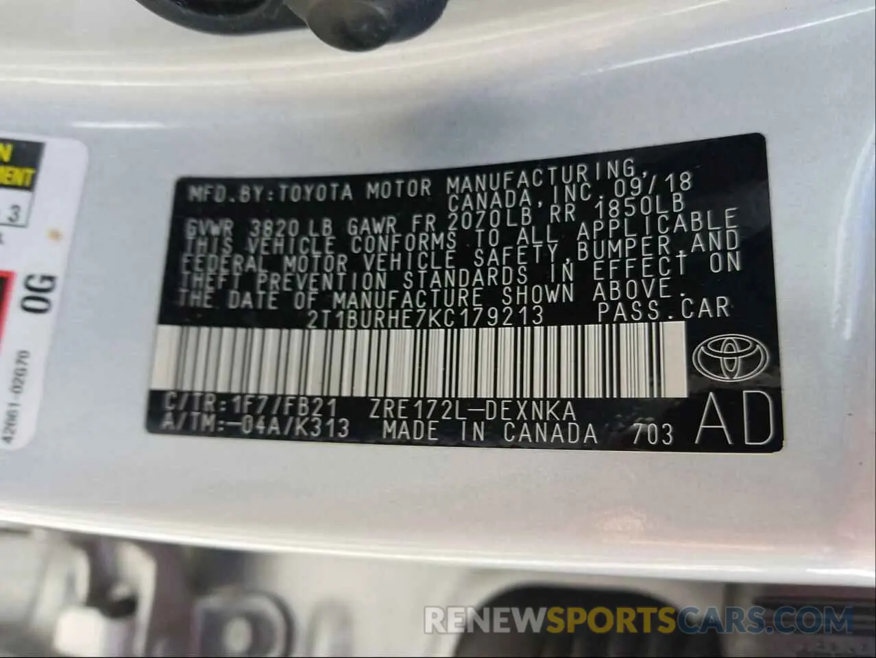 10 fotografías del automóvil dañado 2T1BURHE7KC179213 TOYOTA COROLLA 2019