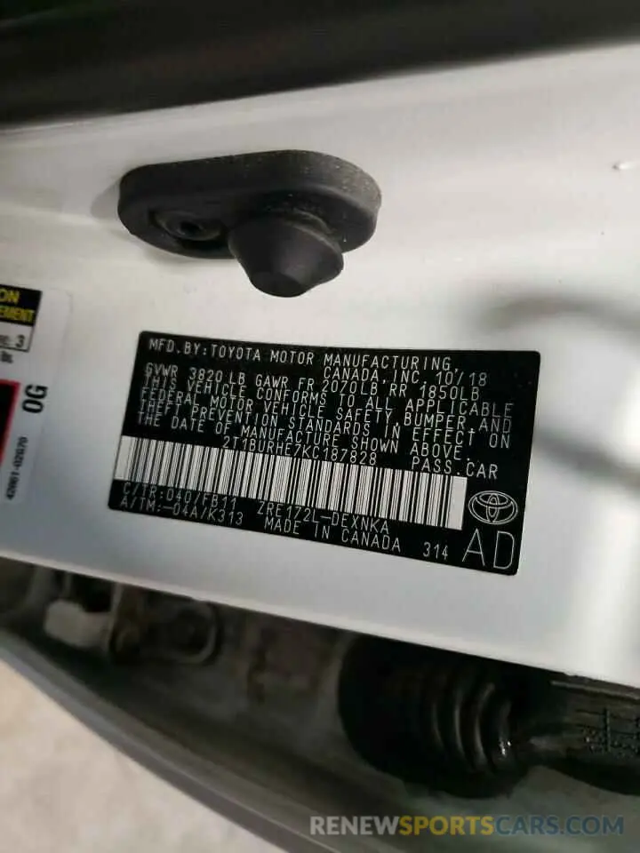 13 fotografías del automóvil dañado 2T1BURHE7KC187828 TOYOTA COROLLA 2019