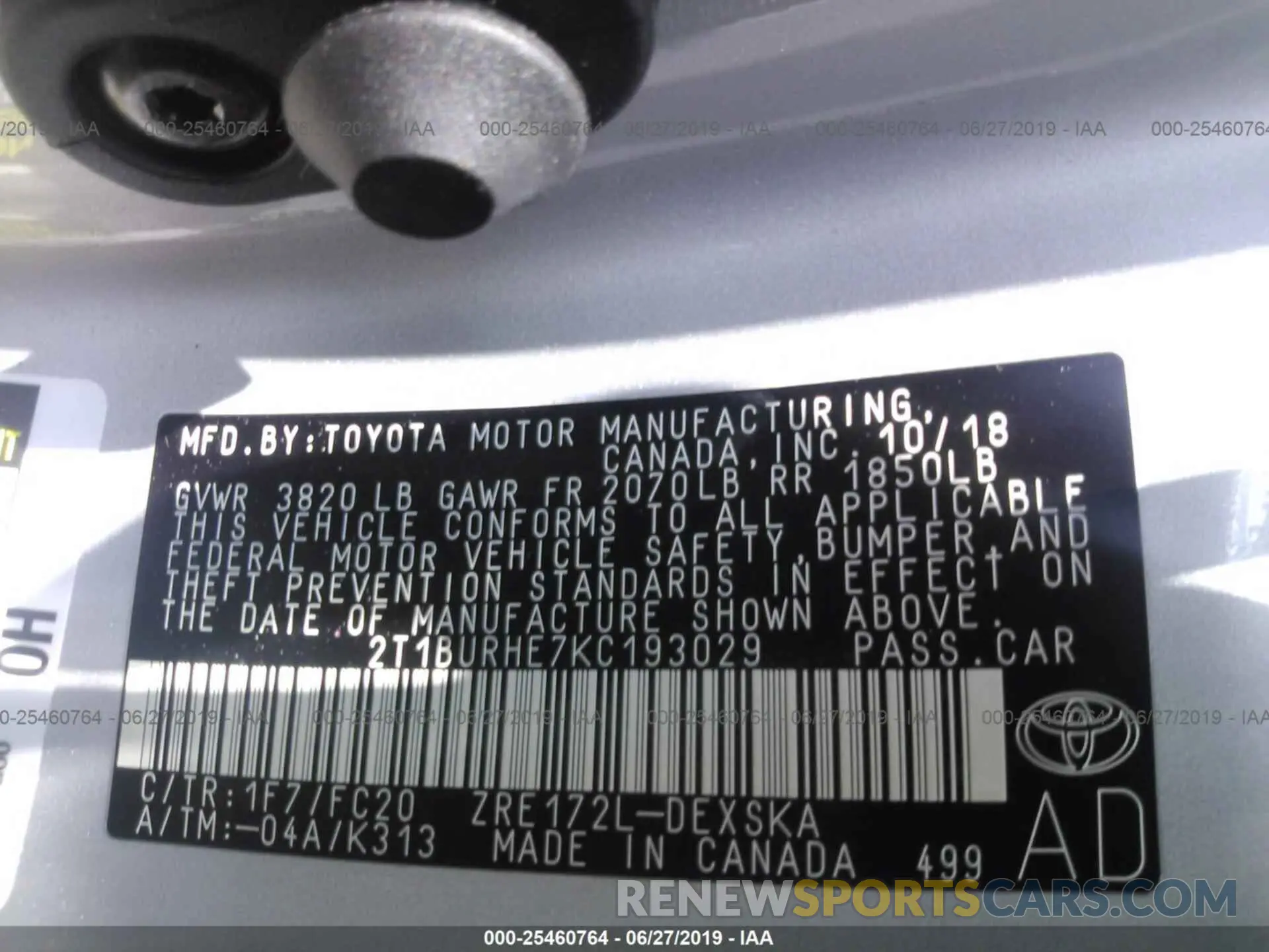 9 fotografías del automóvil dañado 2T1BURHE7KC193029 TOYOTA COROLLA 2019