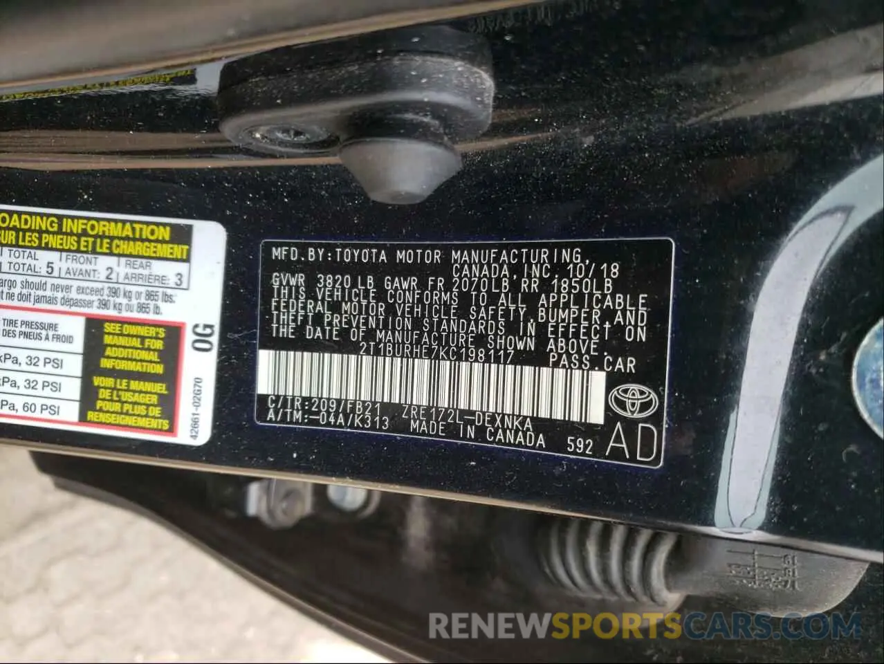 10 fotografías del automóvil dañado 2T1BURHE7KC198117 TOYOTA COROLLA 2019