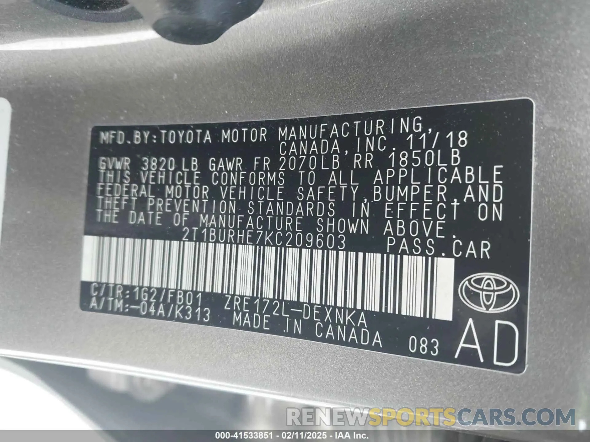 9 fotografías del automóvil dañado 2T1BURHE7KC209603 TOYOTA COROLLA 2019