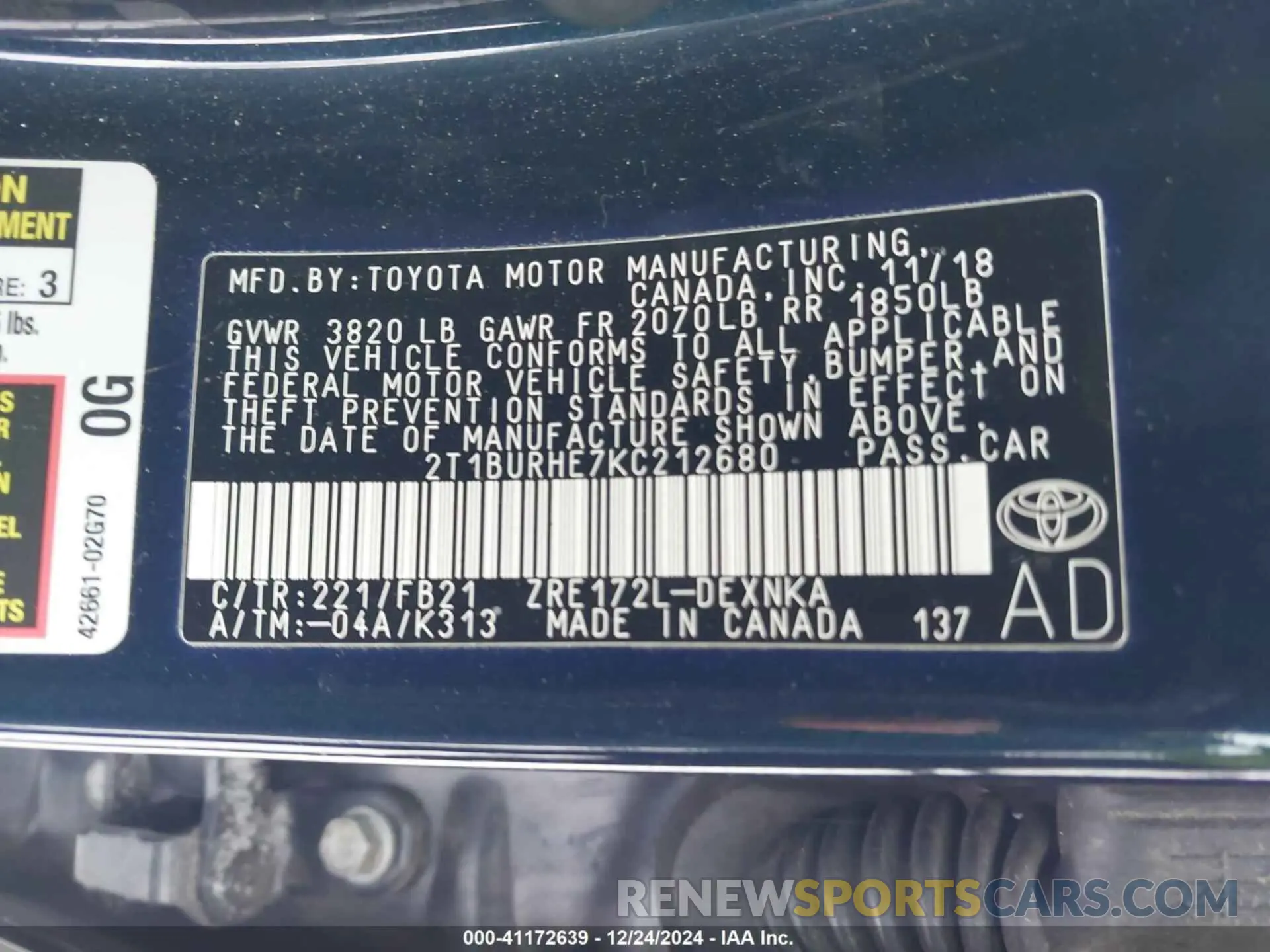 9 fotografías del automóvil dañado 2T1BURHE7KC212680 TOYOTA COROLLA 2019
