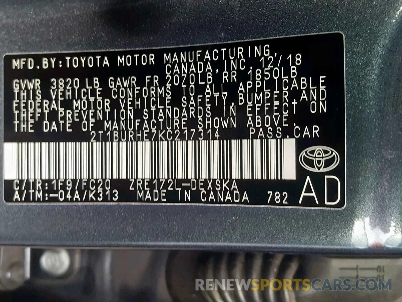 10 fotografías del automóvil dañado 2T1BURHE7KC217314 TOYOTA COROLLA 2019