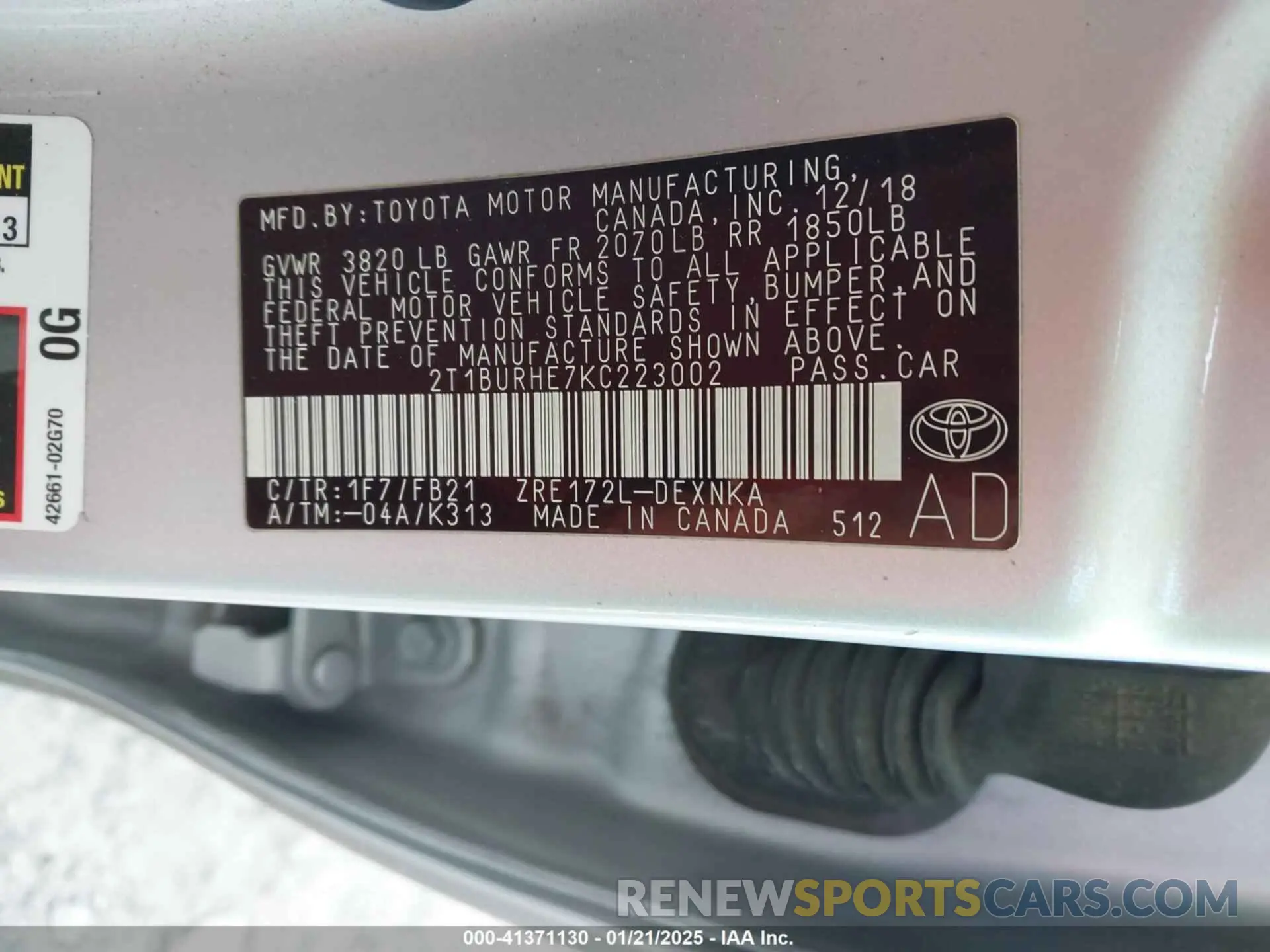 9 fotografías del automóvil dañado 2T1BURHE7KC223002 TOYOTA COROLLA 2019
