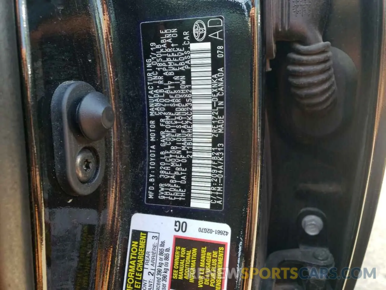 10 fotografías del automóvil dañado 2T1BURHE7KC235621 TOYOTA COROLLA 2019