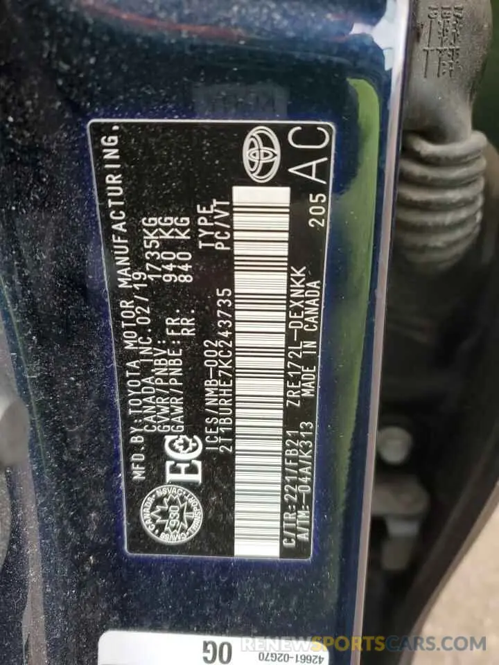 12 fotografías del automóvil dañado 2T1BURHE7KC243735 TOYOTA COROLLA 2019
