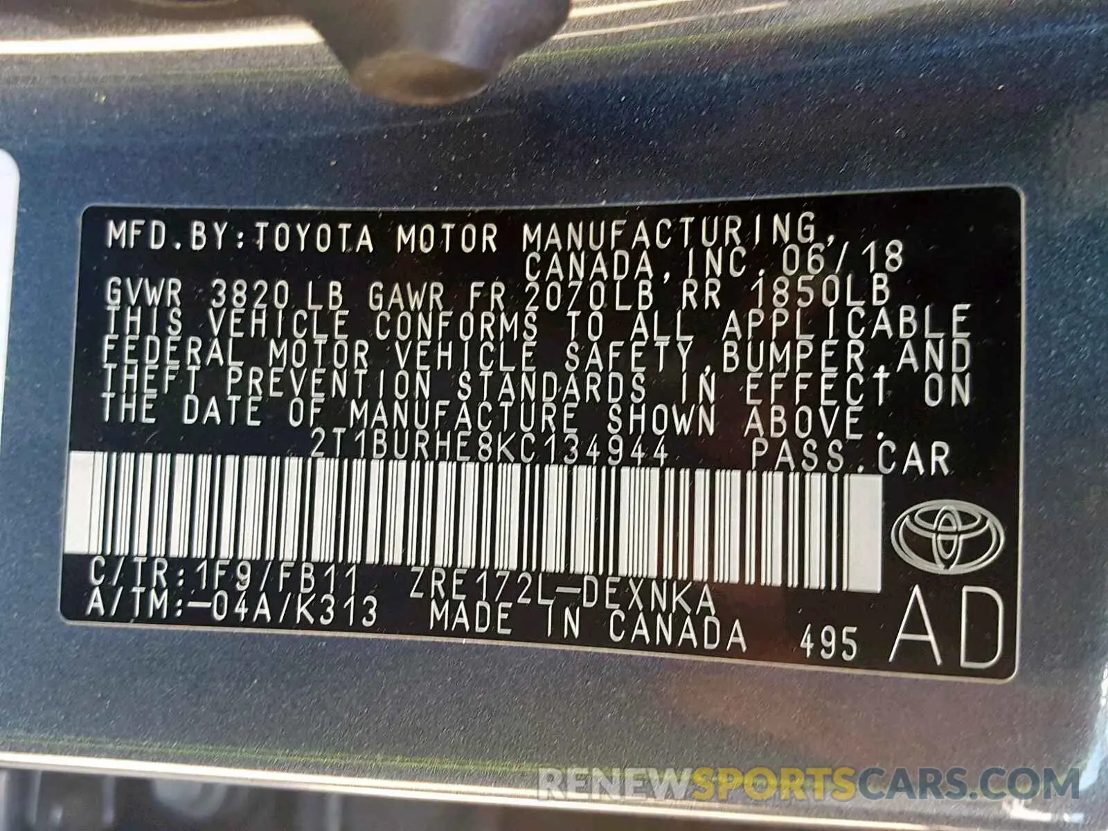 10 fotografías del automóvil dañado 2T1BURHE8KC134944 TOYOTA COROLLA 2019