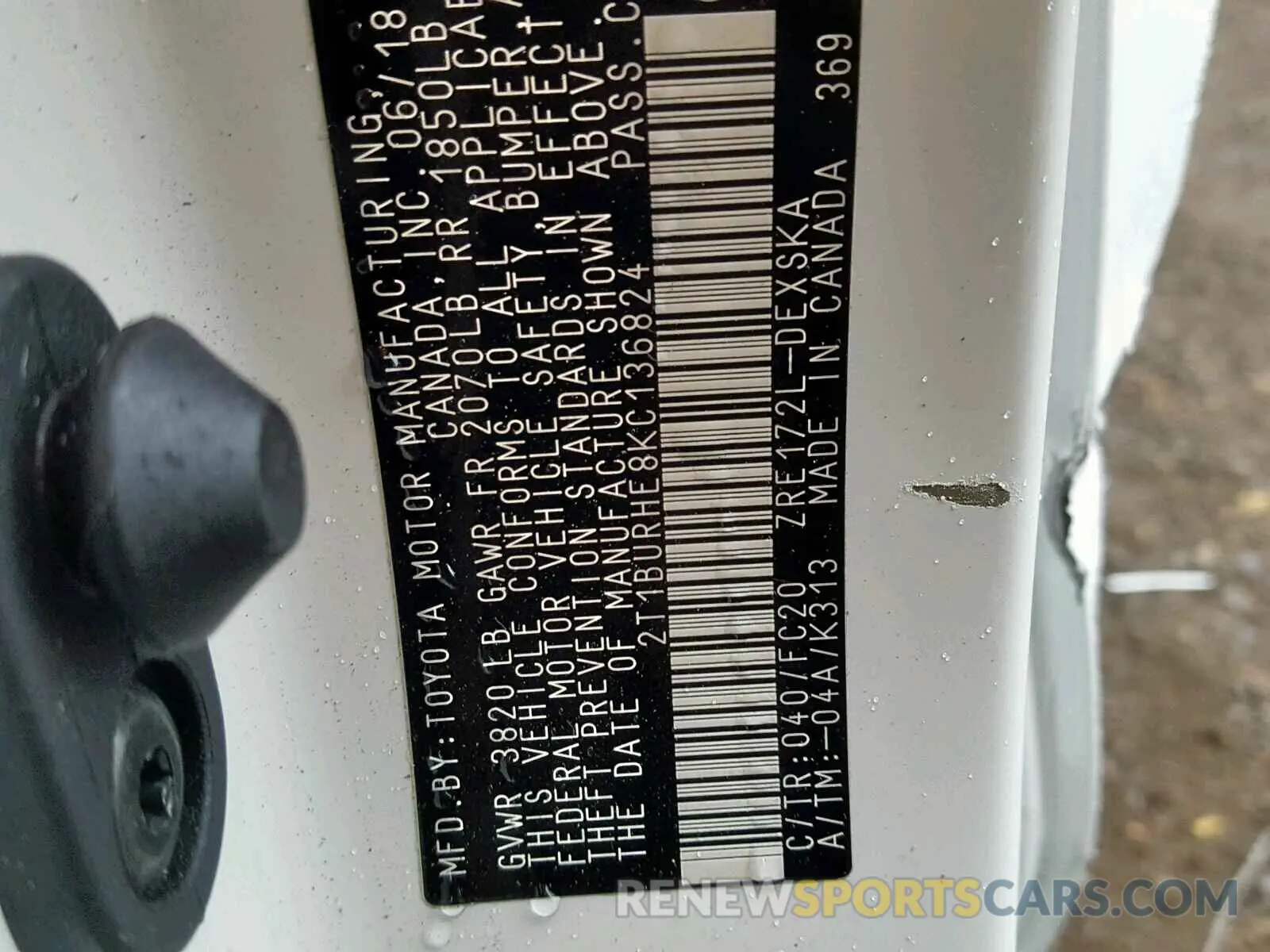 10 fotografías del automóvil dañado 2T1BURHE8KC136824 TOYOTA COROLLA 2019