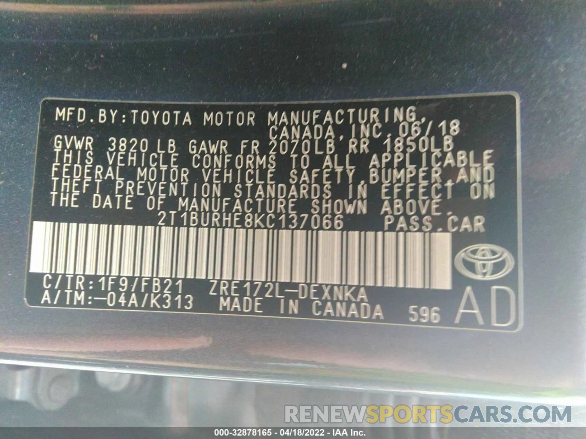 9 fotografías del automóvil dañado 2T1BURHE8KC137066 TOYOTA COROLLA 2019