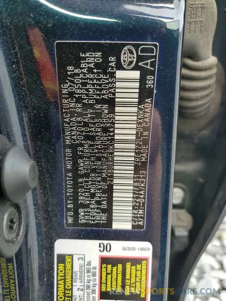 13 fotografías del automóvil dañado 2T1BURHE8KC144759 TOYOTA COROLLA 2019