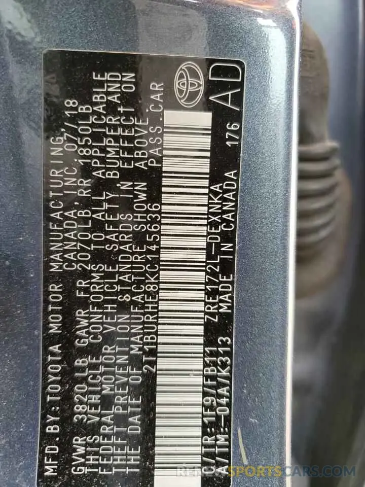 12 fotografías del automóvil dañado 2T1BURHE8KC145636 TOYOTA COROLLA 2019