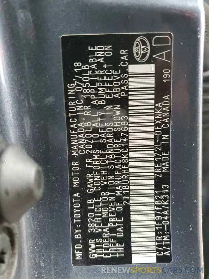 12 fotografías del automóvil dañado 2T1BURHE8KC147693 TOYOTA COROLLA 2019