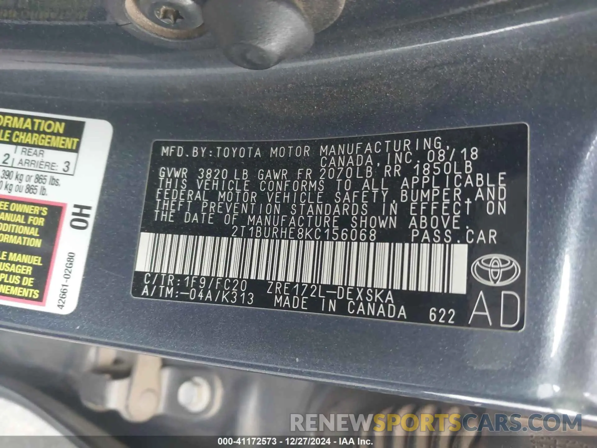 9 fotografías del automóvil dañado 2T1BURHE8KC156068 TOYOTA COROLLA 2019
