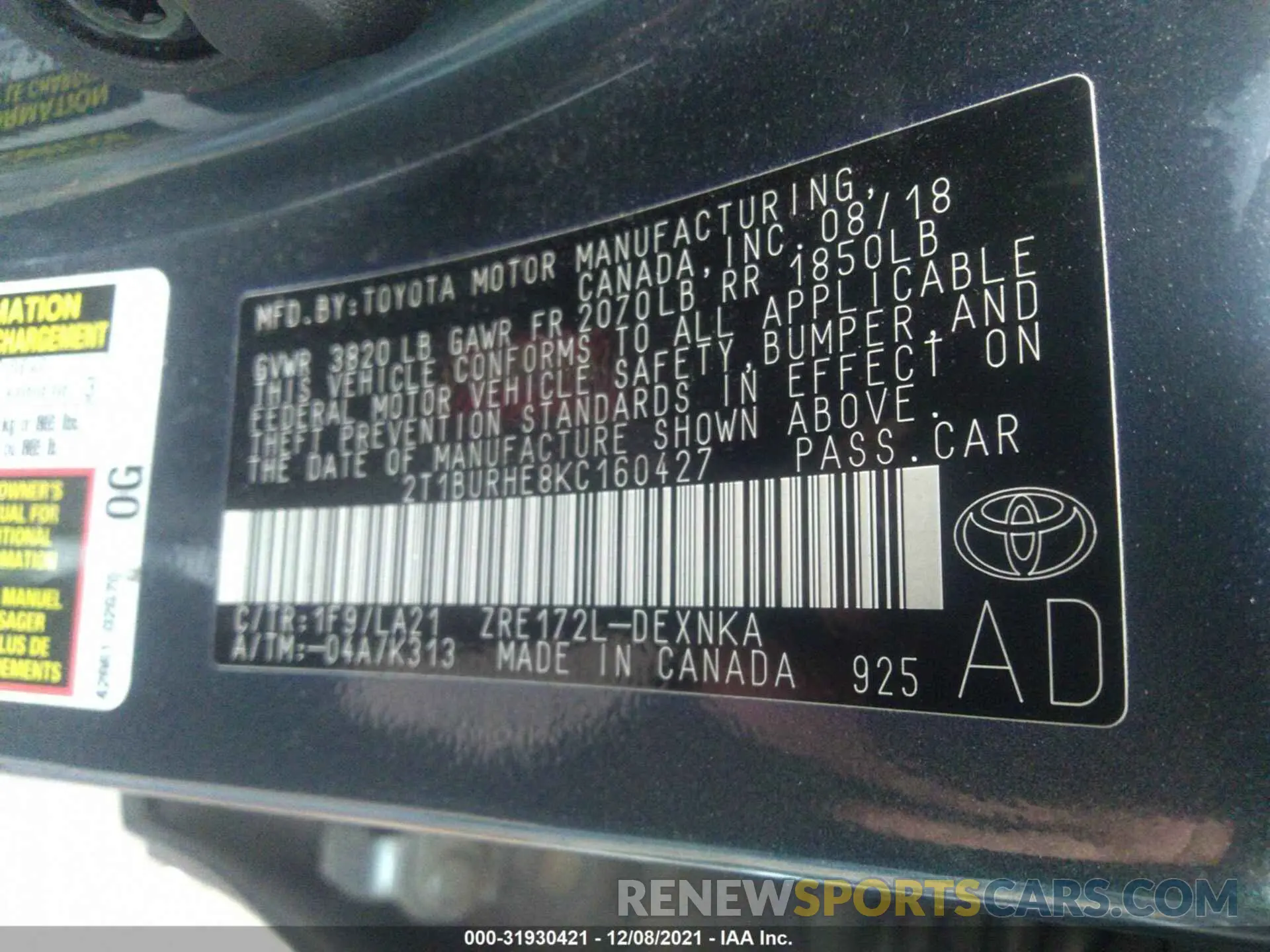 9 fotografías del automóvil dañado 2T1BURHE8KC160427 TOYOTA COROLLA 2019