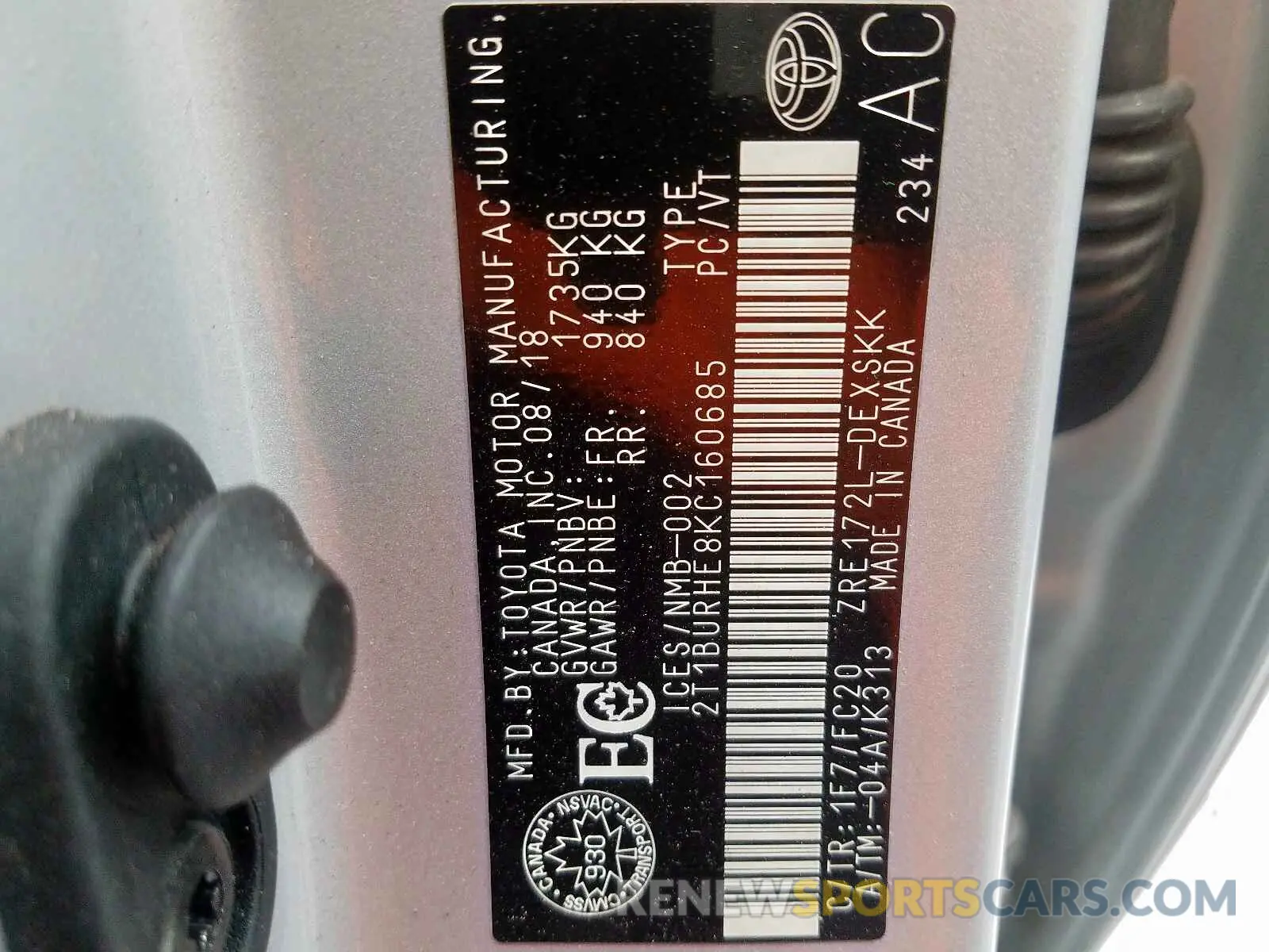 10 fotografías del automóvil dañado 2T1BURHE8KC160685 TOYOTA COROLLA 2019