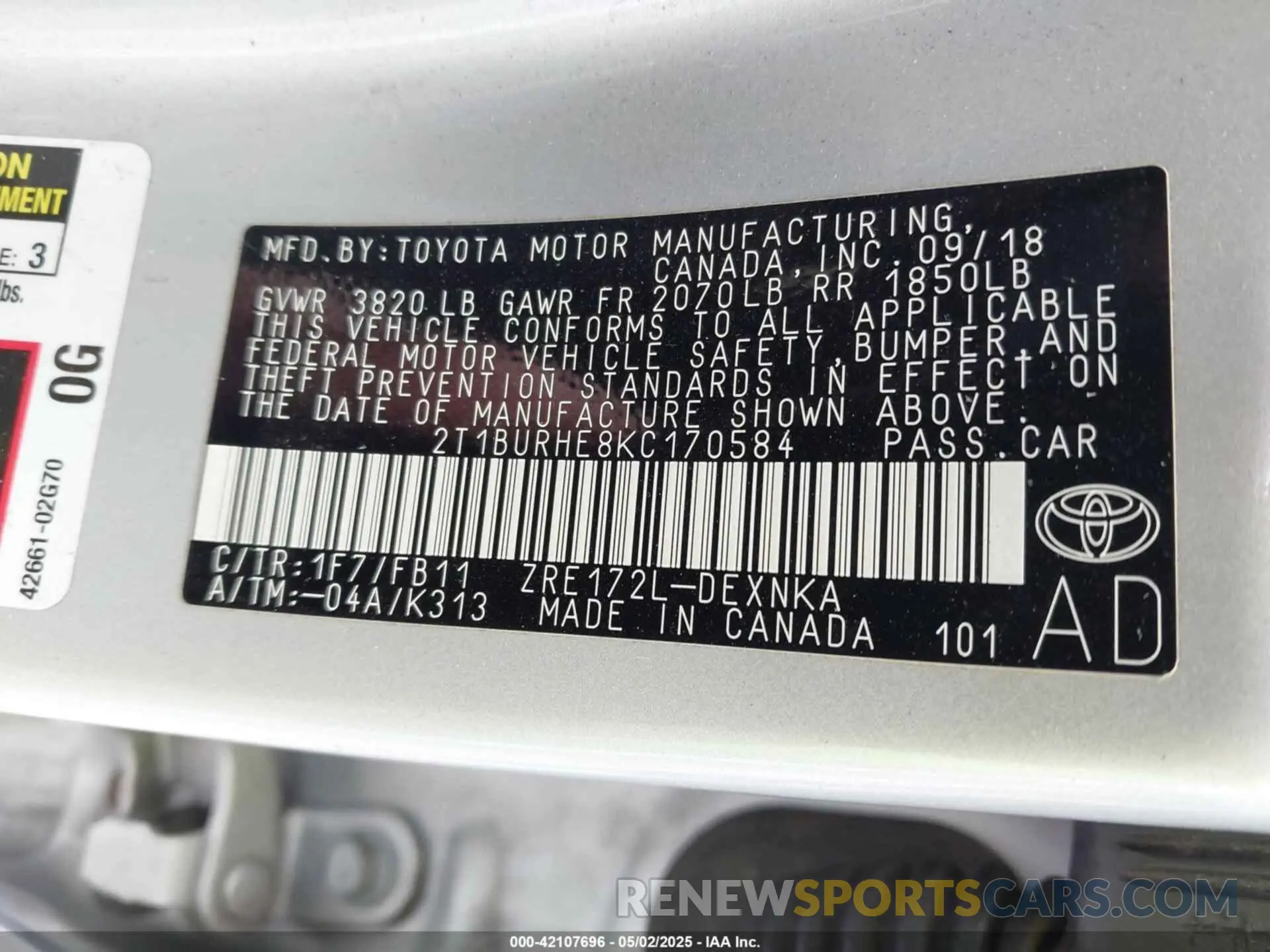 9 fotografías del automóvil dañado 2T1BURHE8KC170584 TOYOTA COROLLA 2019