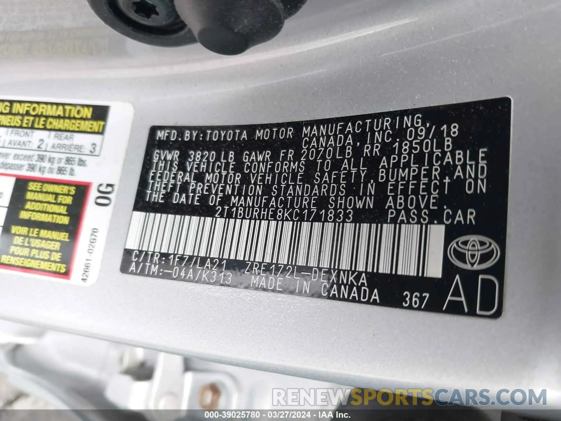 9 fotografías del automóvil dañado 2T1BURHE8KC171833 TOYOTA COROLLA 2019