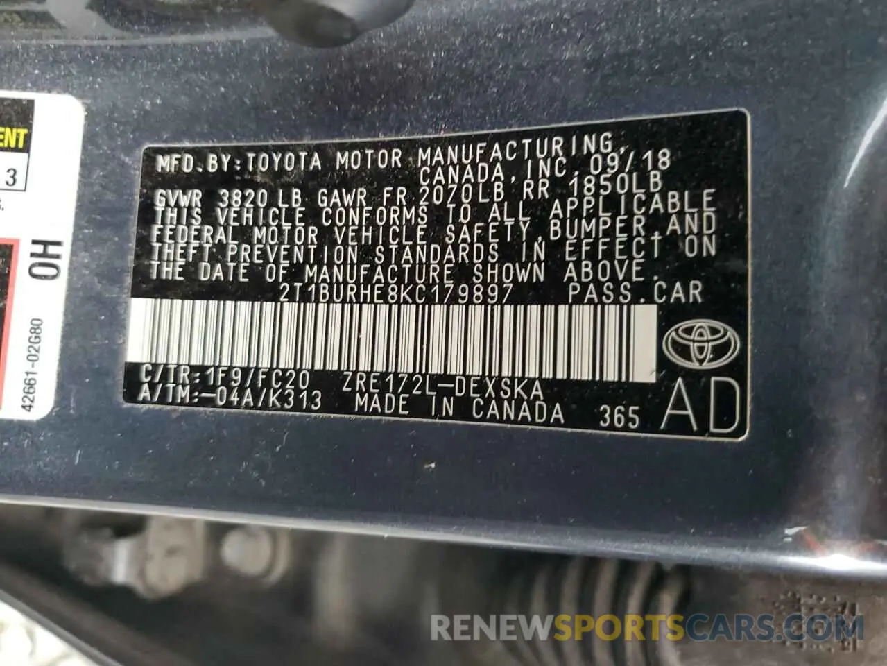 12 fotografías del automóvil dañado 2T1BURHE8KC179897 TOYOTA COROLLA 2019