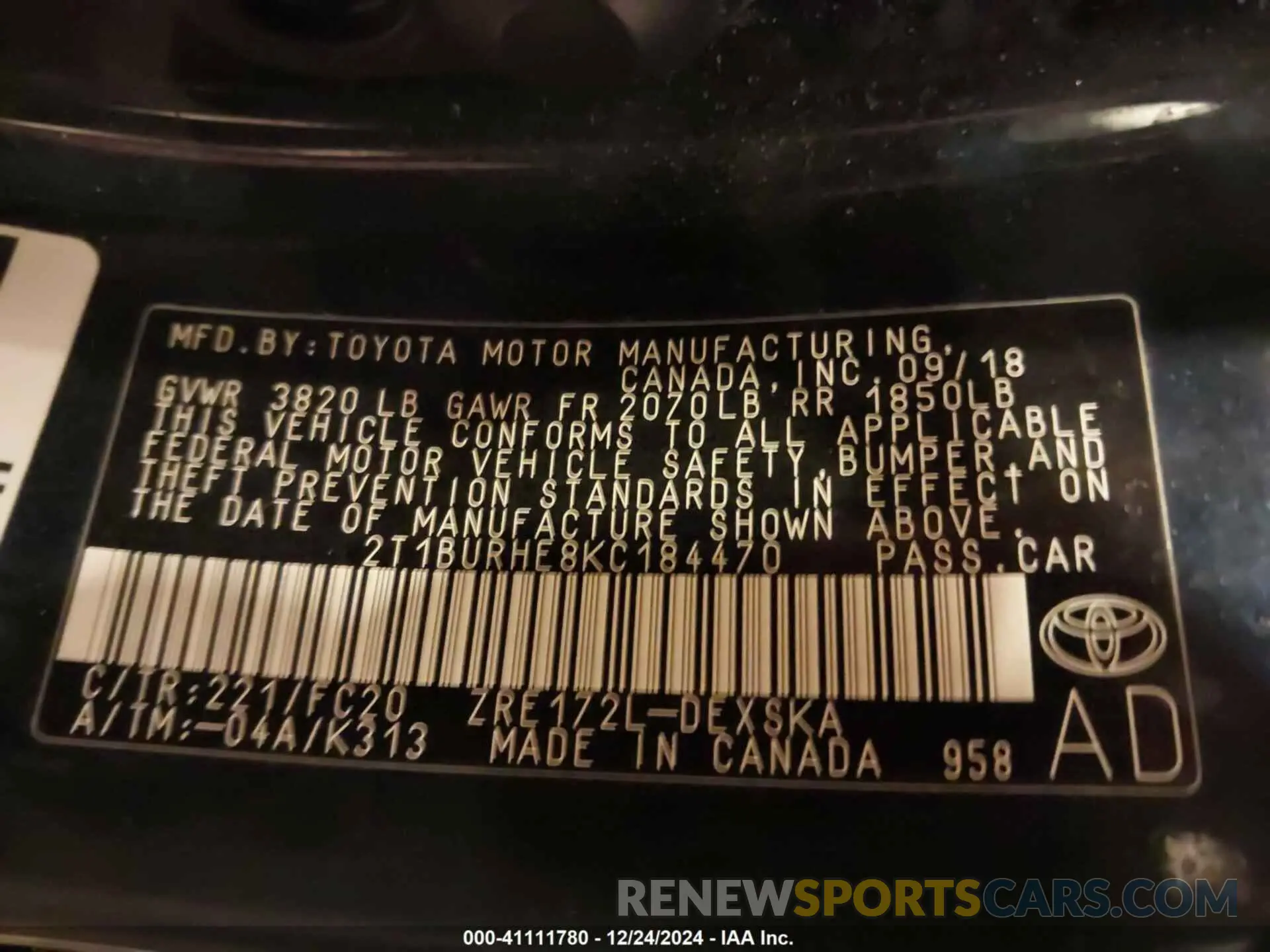 9 fotografías del automóvil dañado 2T1BURHE8KC184470 TOYOTA COROLLA 2019