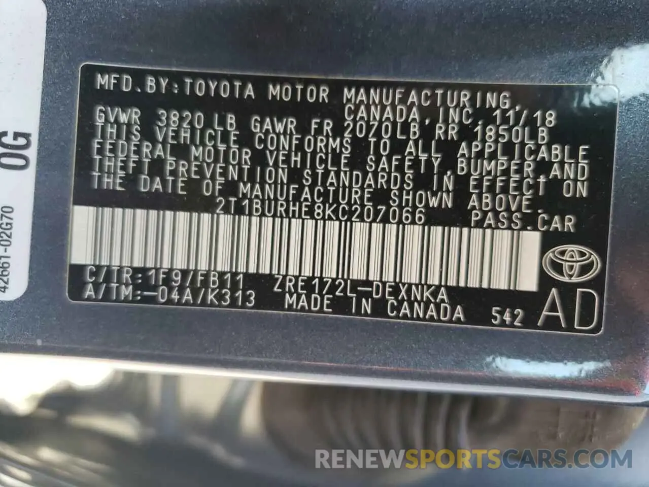 12 fotografías del automóvil dañado 2T1BURHE8KC207066 TOYOTA COROLLA 2019