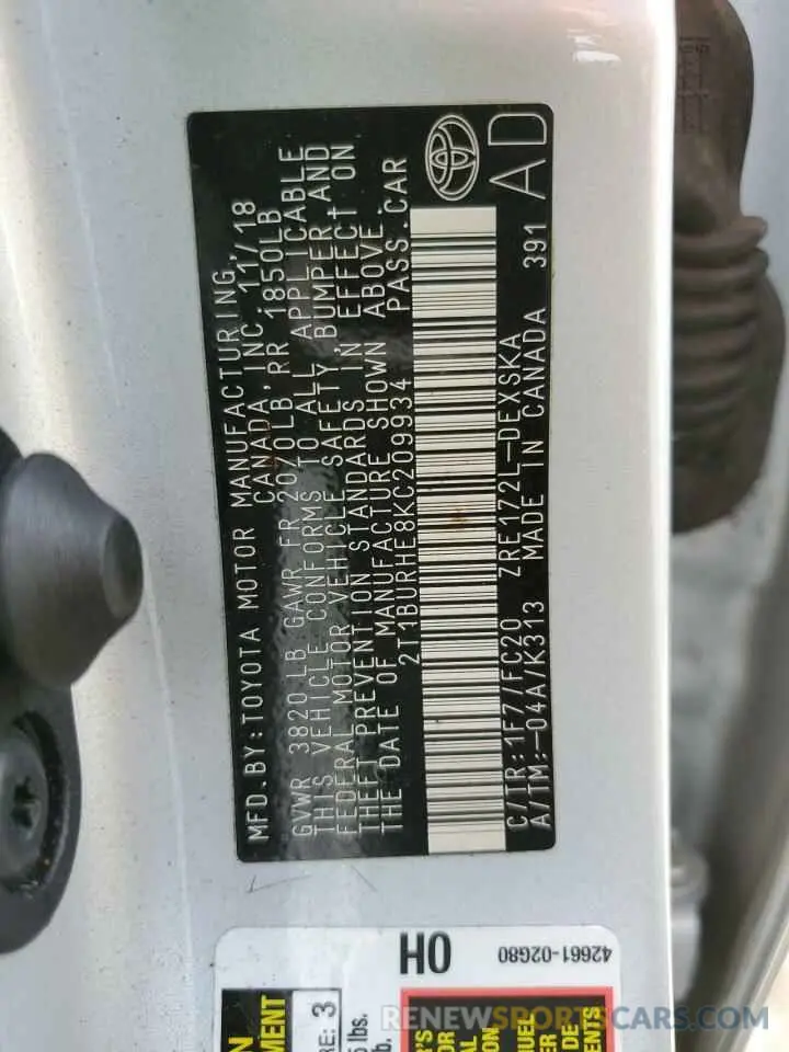 10 fotografías del automóvil dañado 2T1BURHE8KC209934 TOYOTA COROLLA 2019