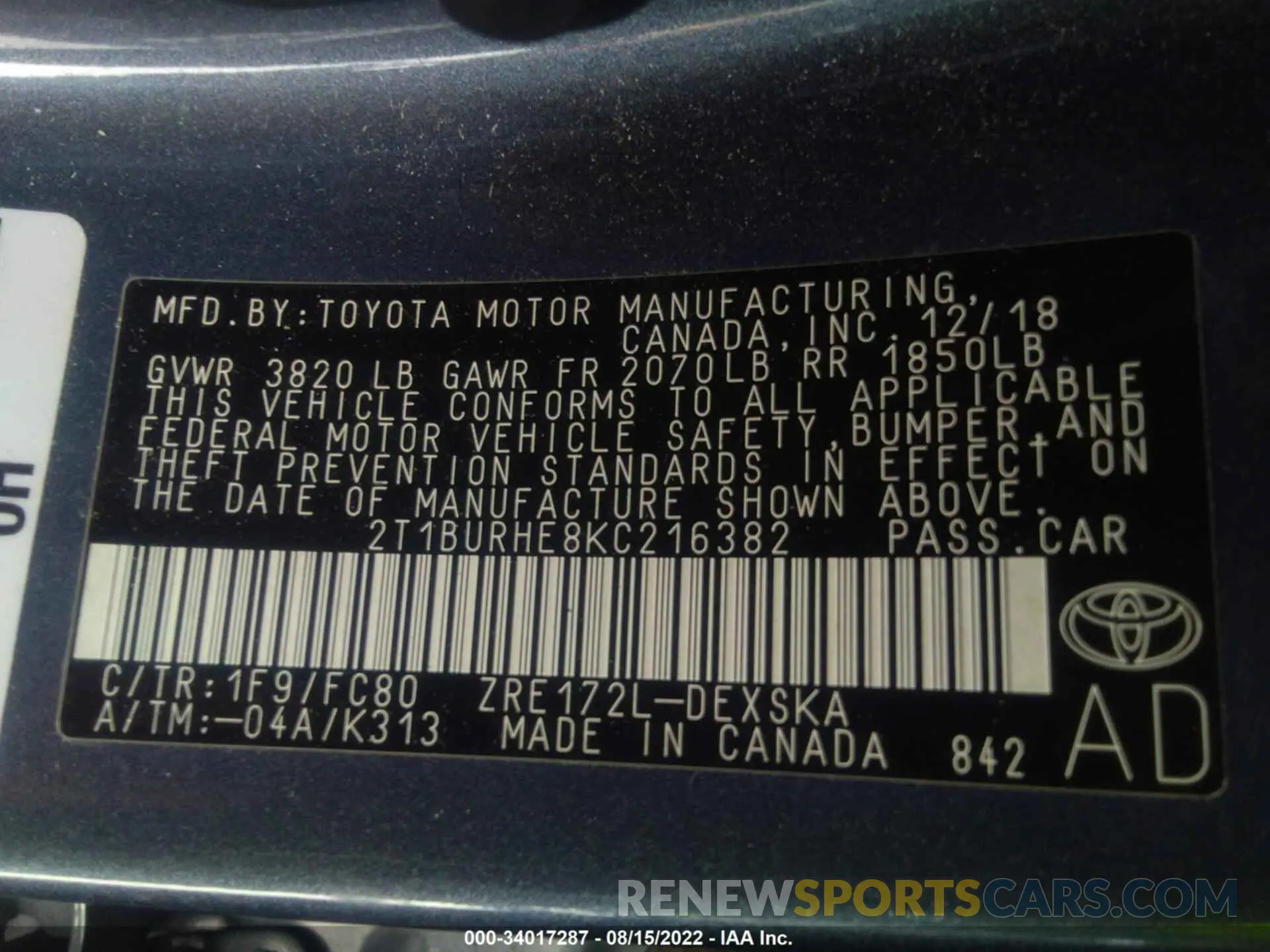 9 fotografías del automóvil dañado 2T1BURHE8KC216382 TOYOTA COROLLA 2019