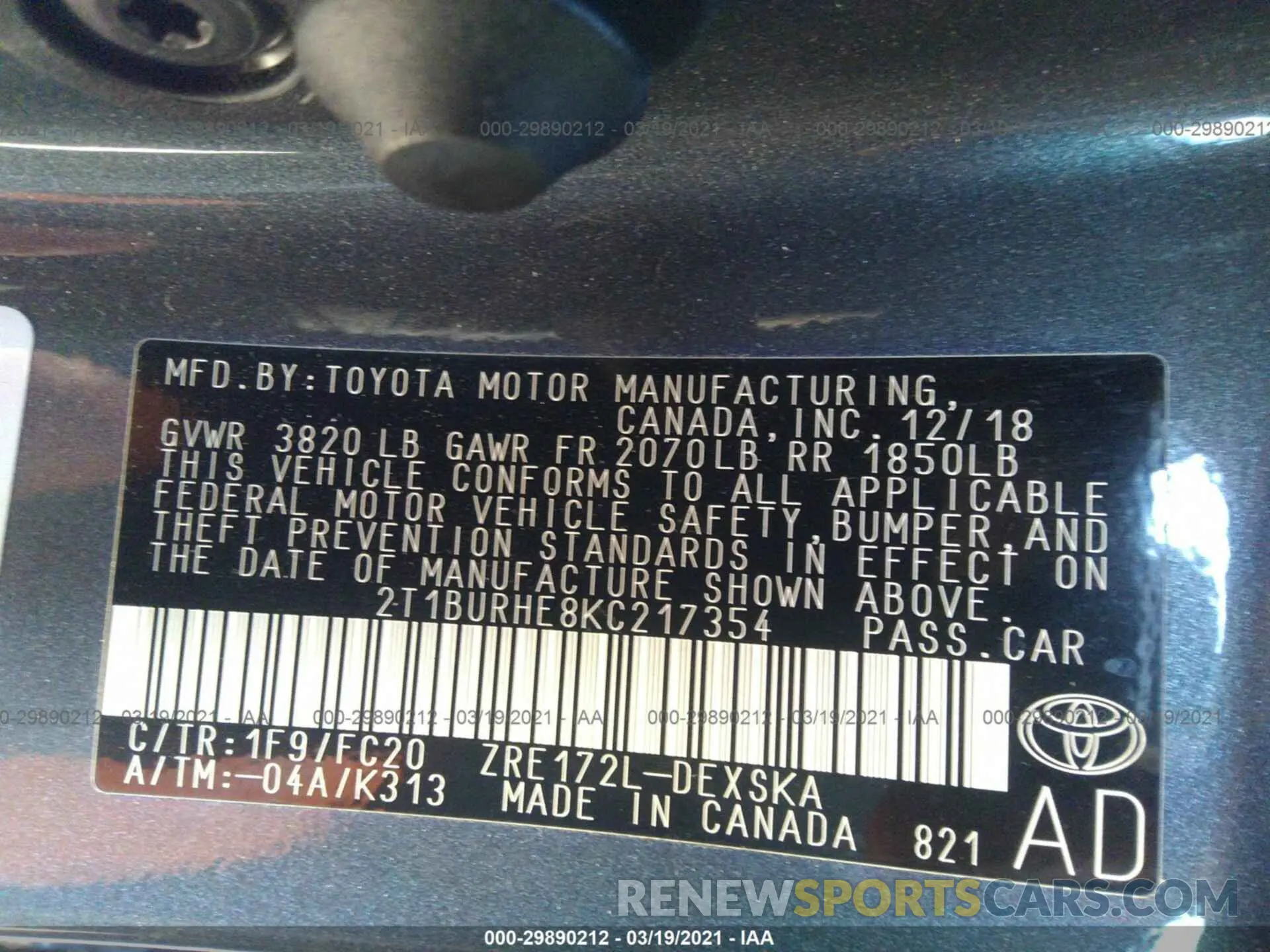 9 fotografías del automóvil dañado 2T1BURHE8KC217354 TOYOTA COROLLA 2019