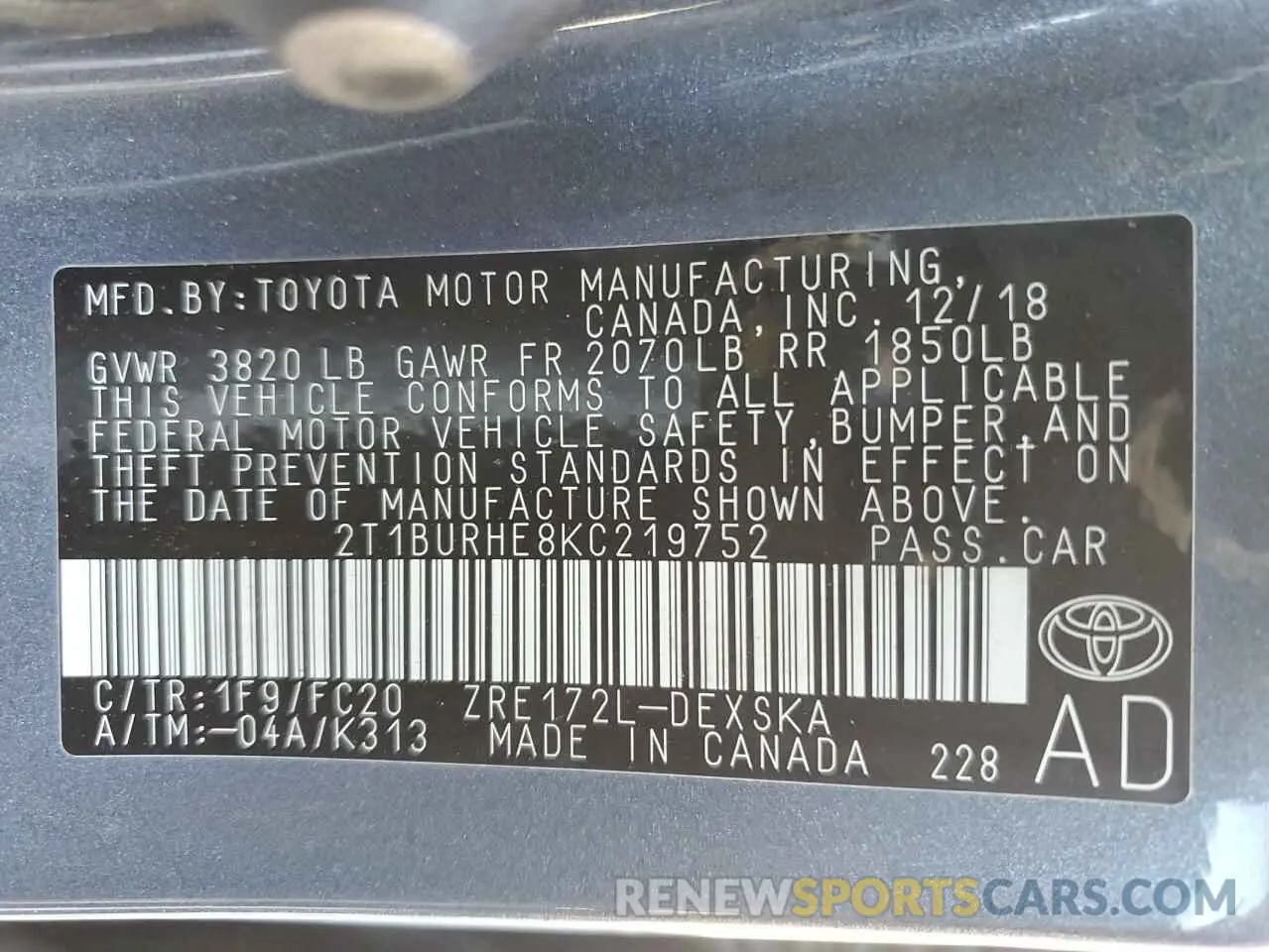 14 fotografías del automóvil dañado 2T1BURHE8KC219752 TOYOTA COROLLA 2019