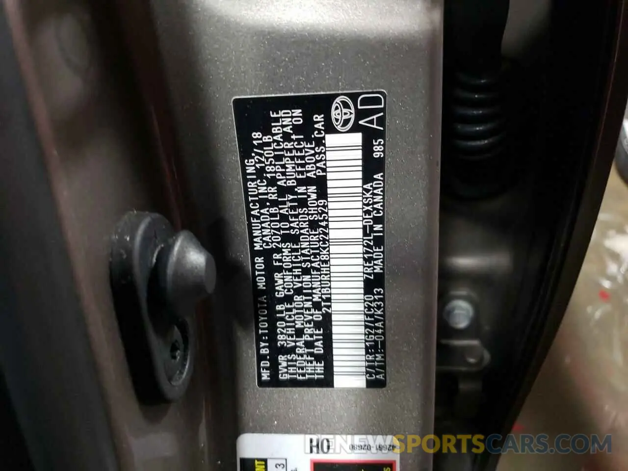 10 fotografías del automóvil dañado 2T1BURHE8KC224529 TOYOTA COROLLA 2019