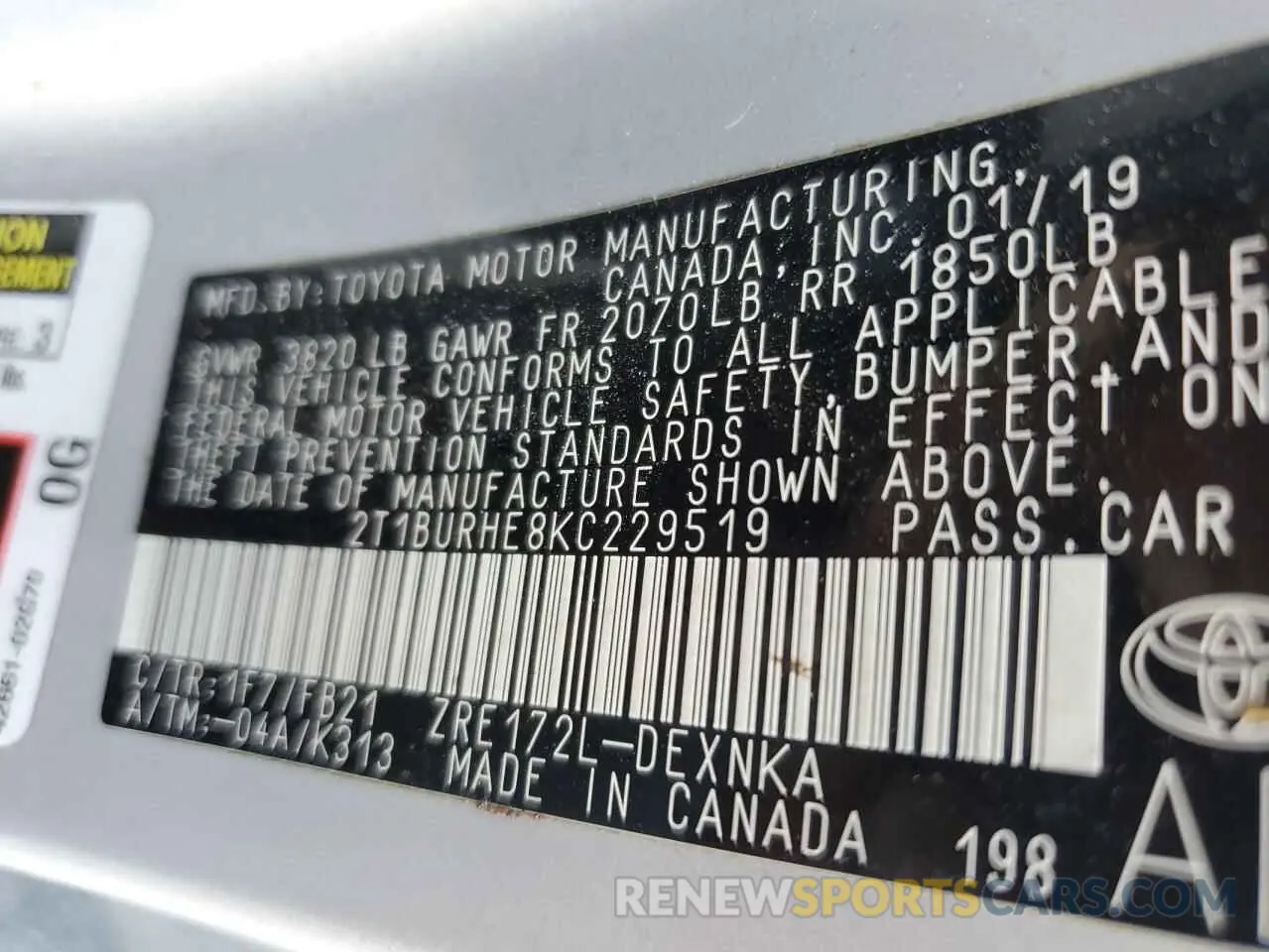 12 fotografías del automóvil dañado 2T1BURHE8KC229519 TOYOTA COROLLA 2019