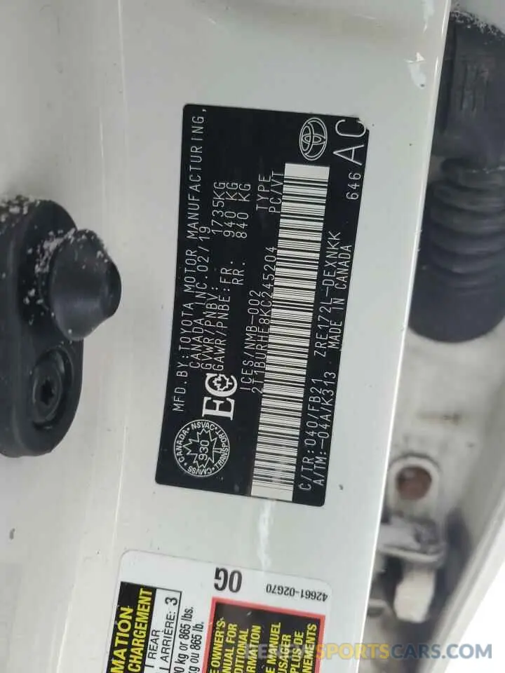 12 fotografías del automóvil dañado 2T1BURHE8KC245204 TOYOTA COROLLA 2019